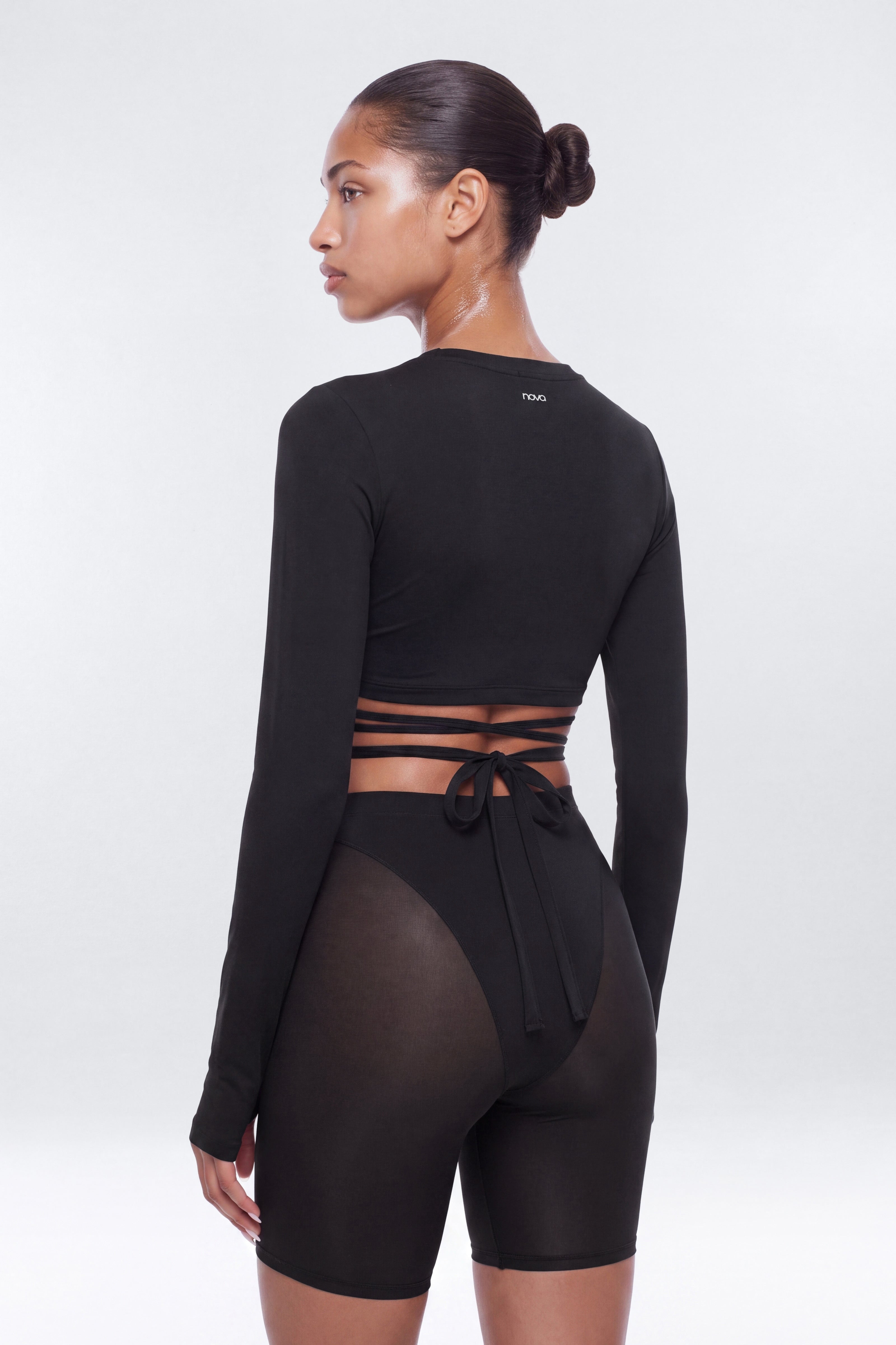 Active Sport Mesh Long Sleeve Wrap Top - Black