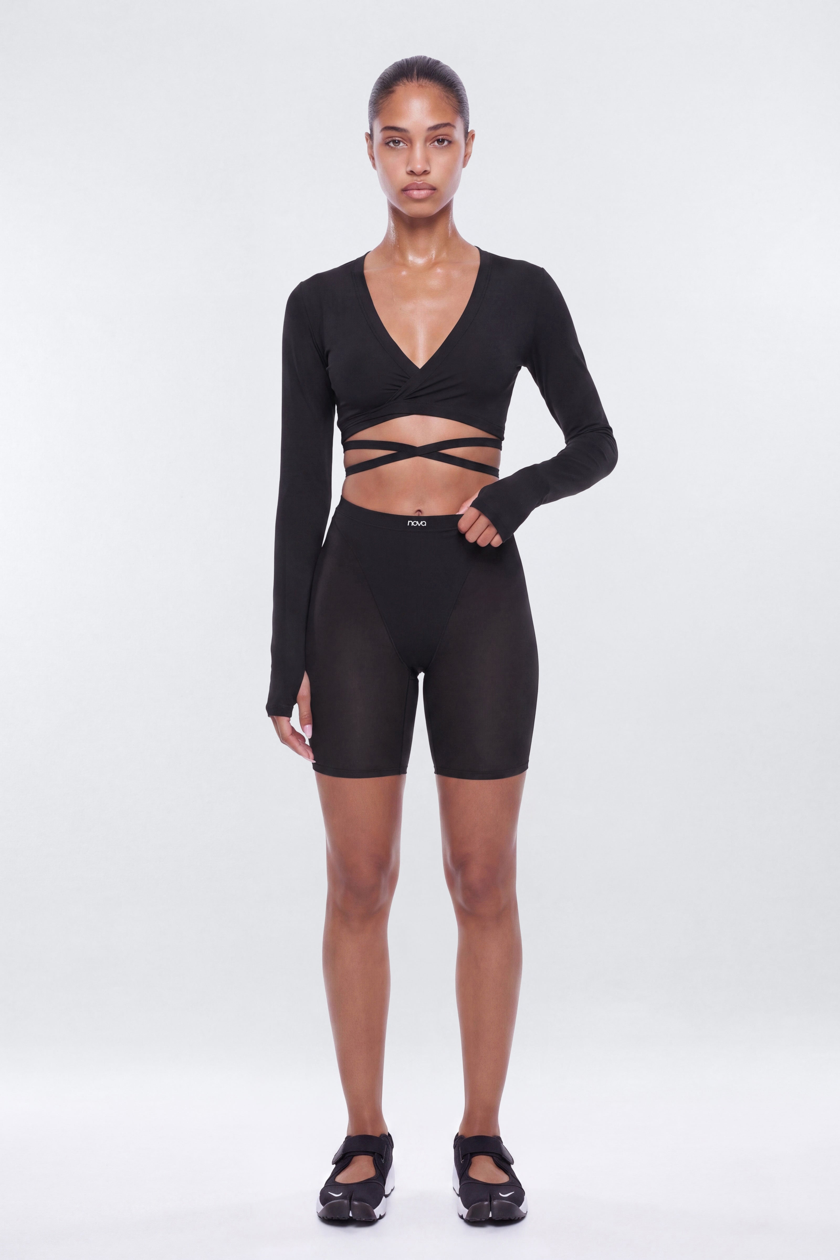 Active Sport Mesh Long Sleeve Wrap Top - Black