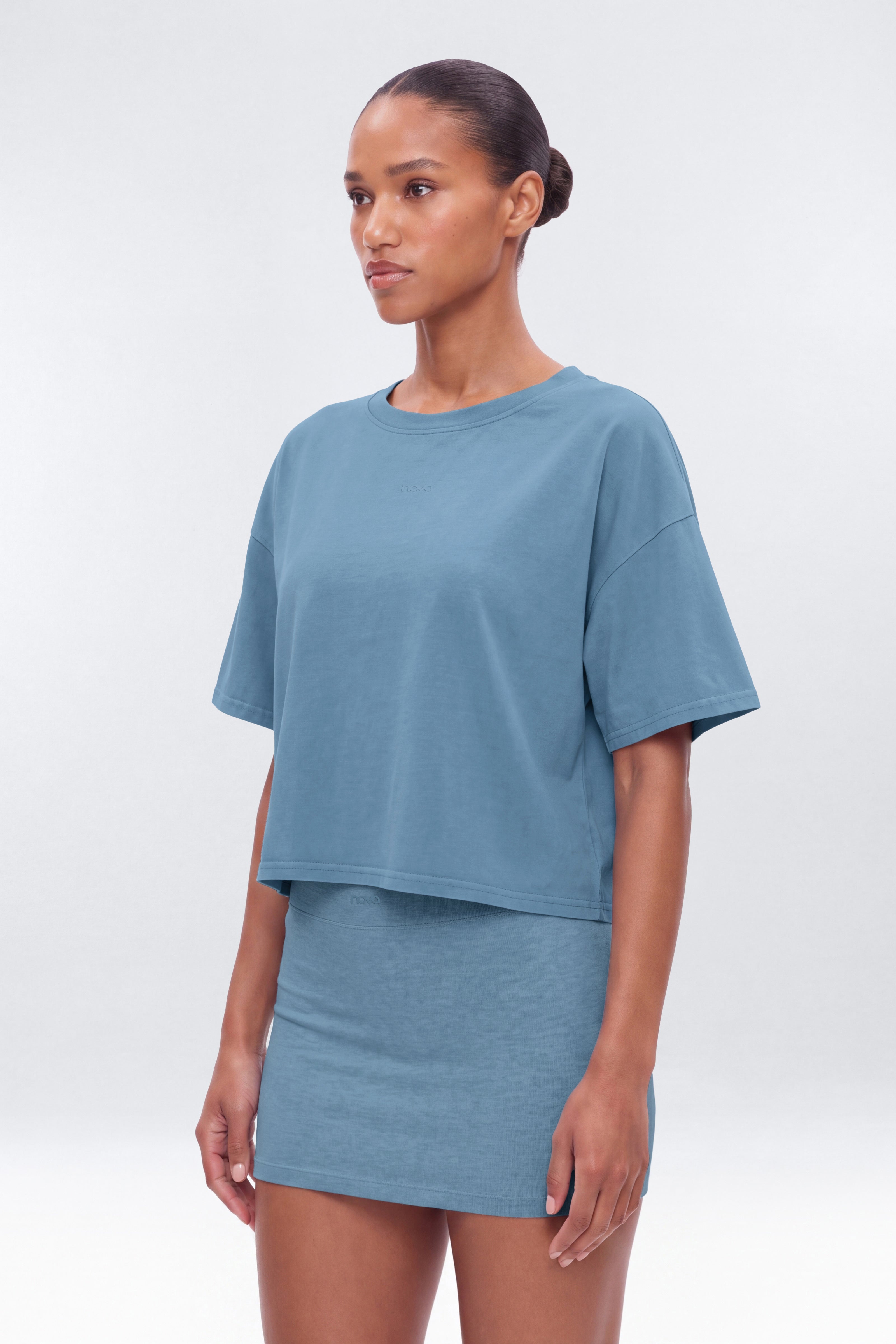 Cotton Jersey Boxy Short Sleeve Top - Soft Indigo