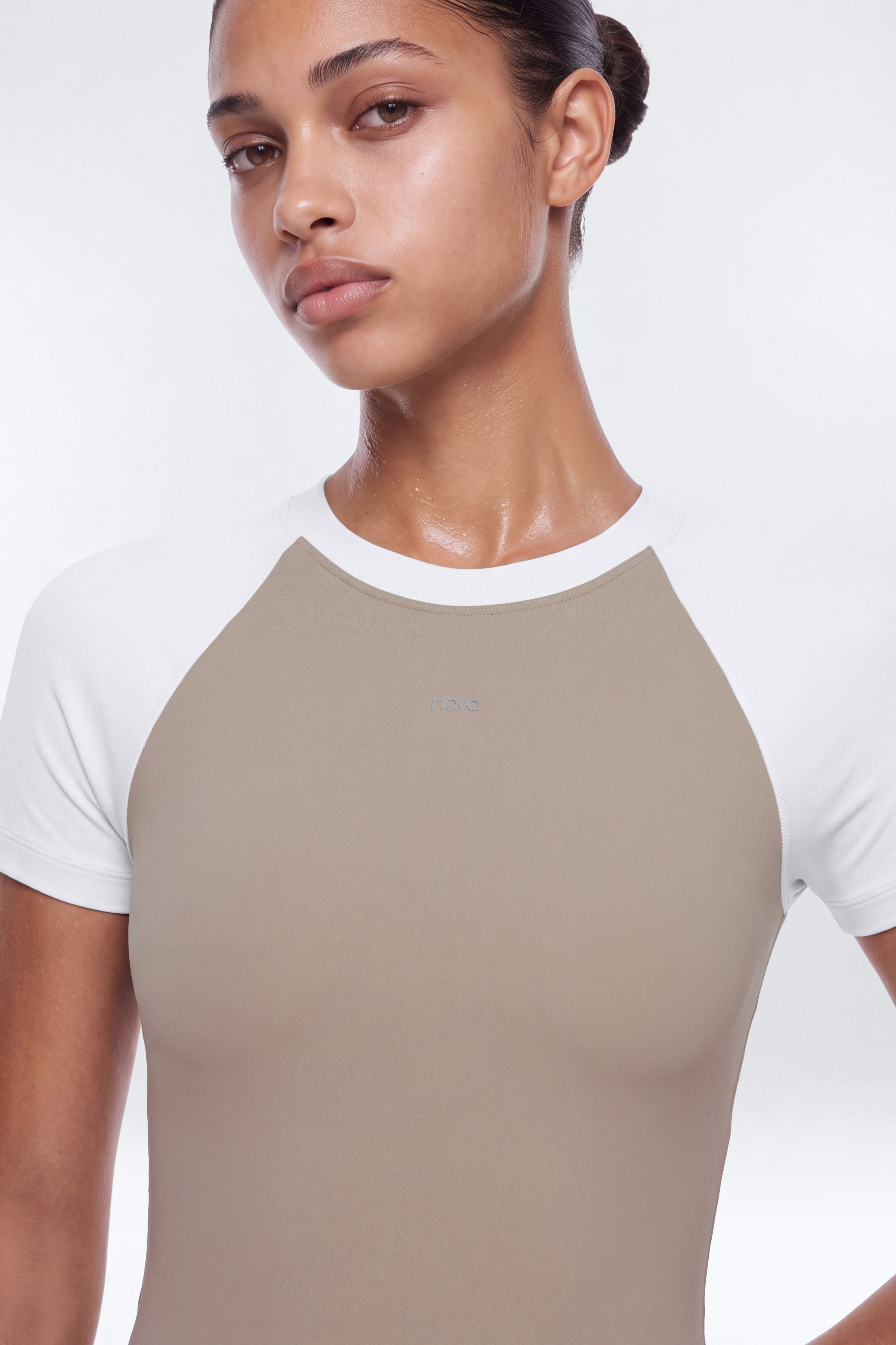 ProStretch™ 3″ Short Sleeve Colorblock Romper - Taupe/combo