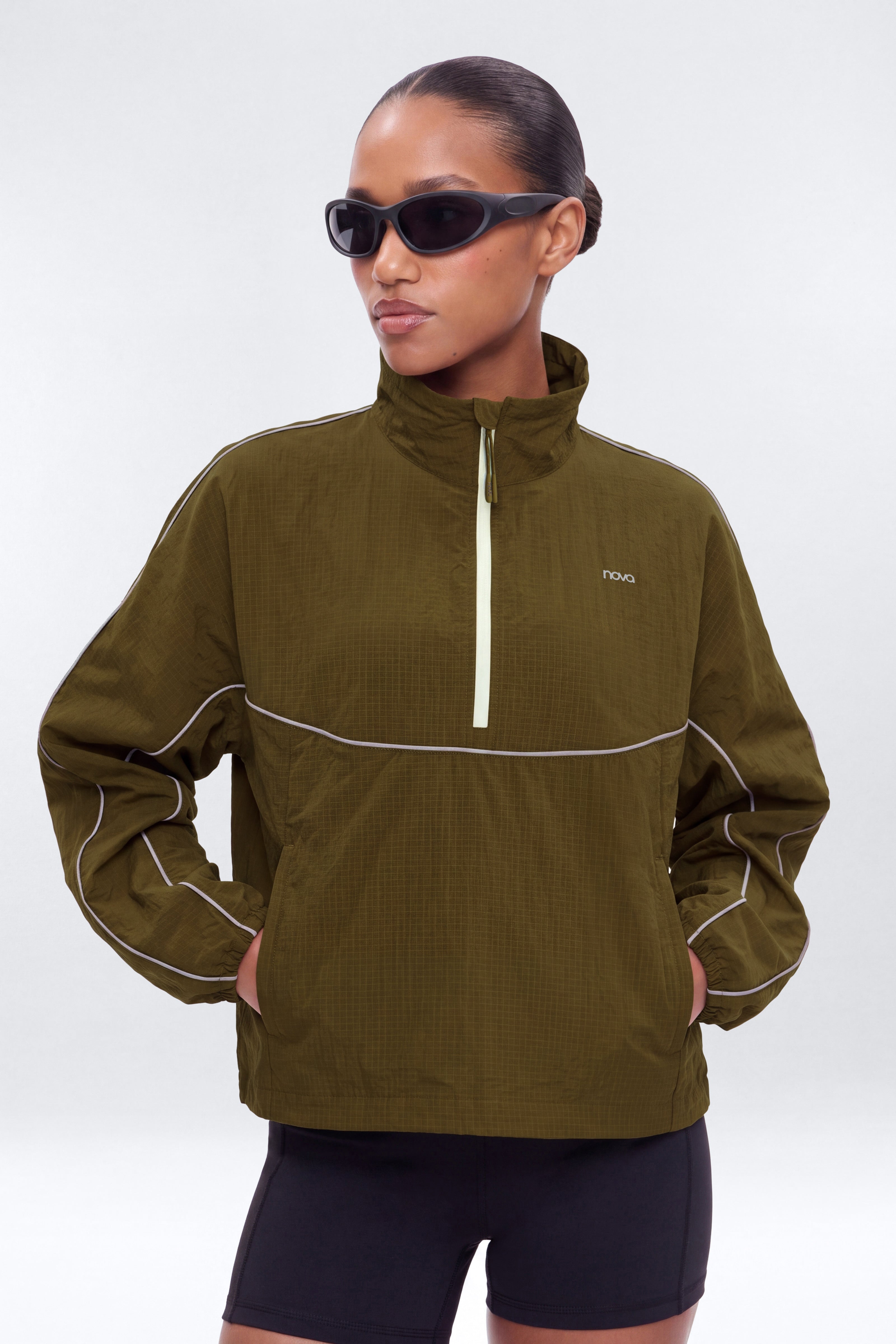 Active RipStop Quarter Zip Running Jacket - Military Green