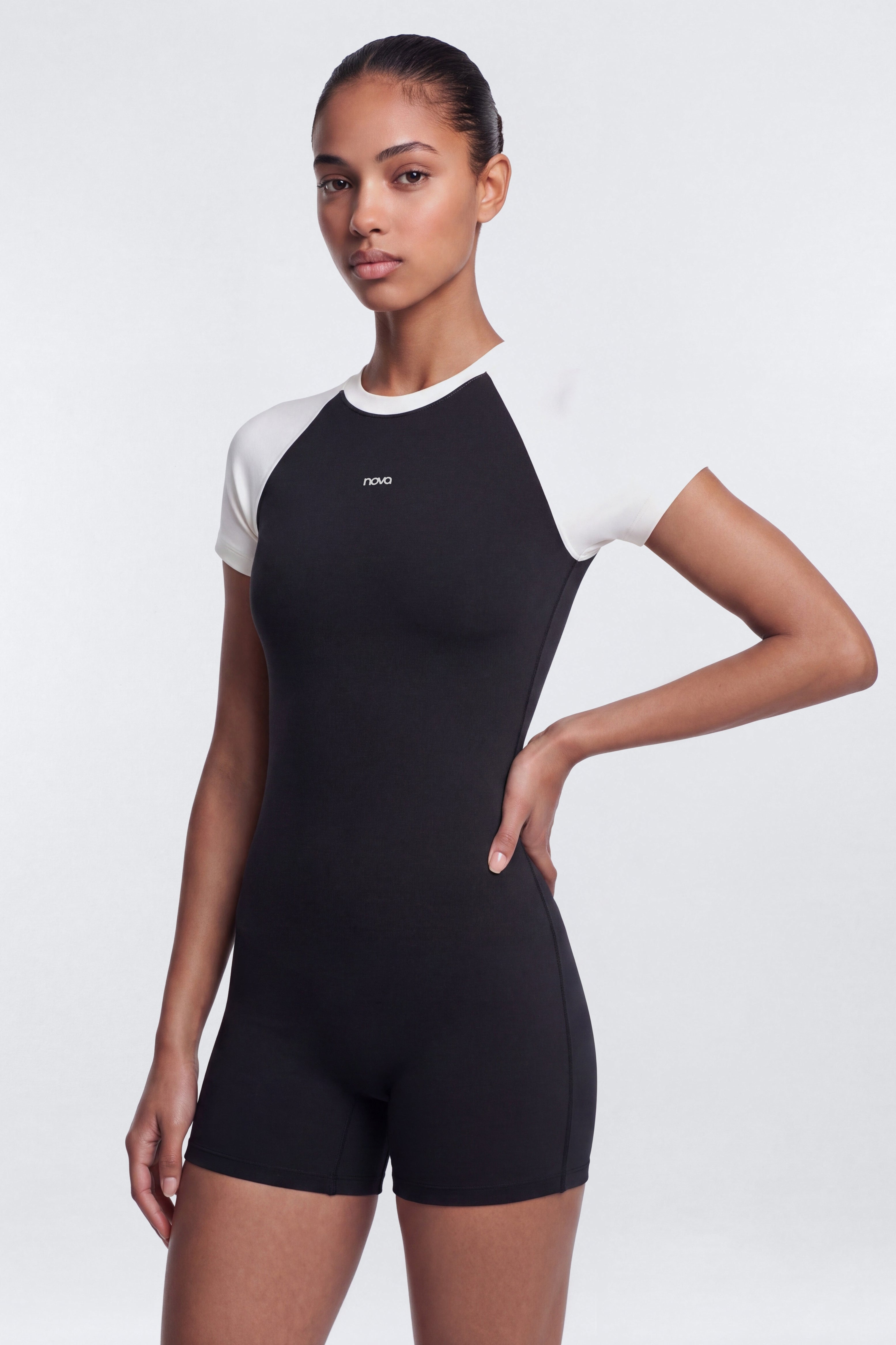 ProStretch™ 3″ Short Sleeve Colorblock Romper - Black/White