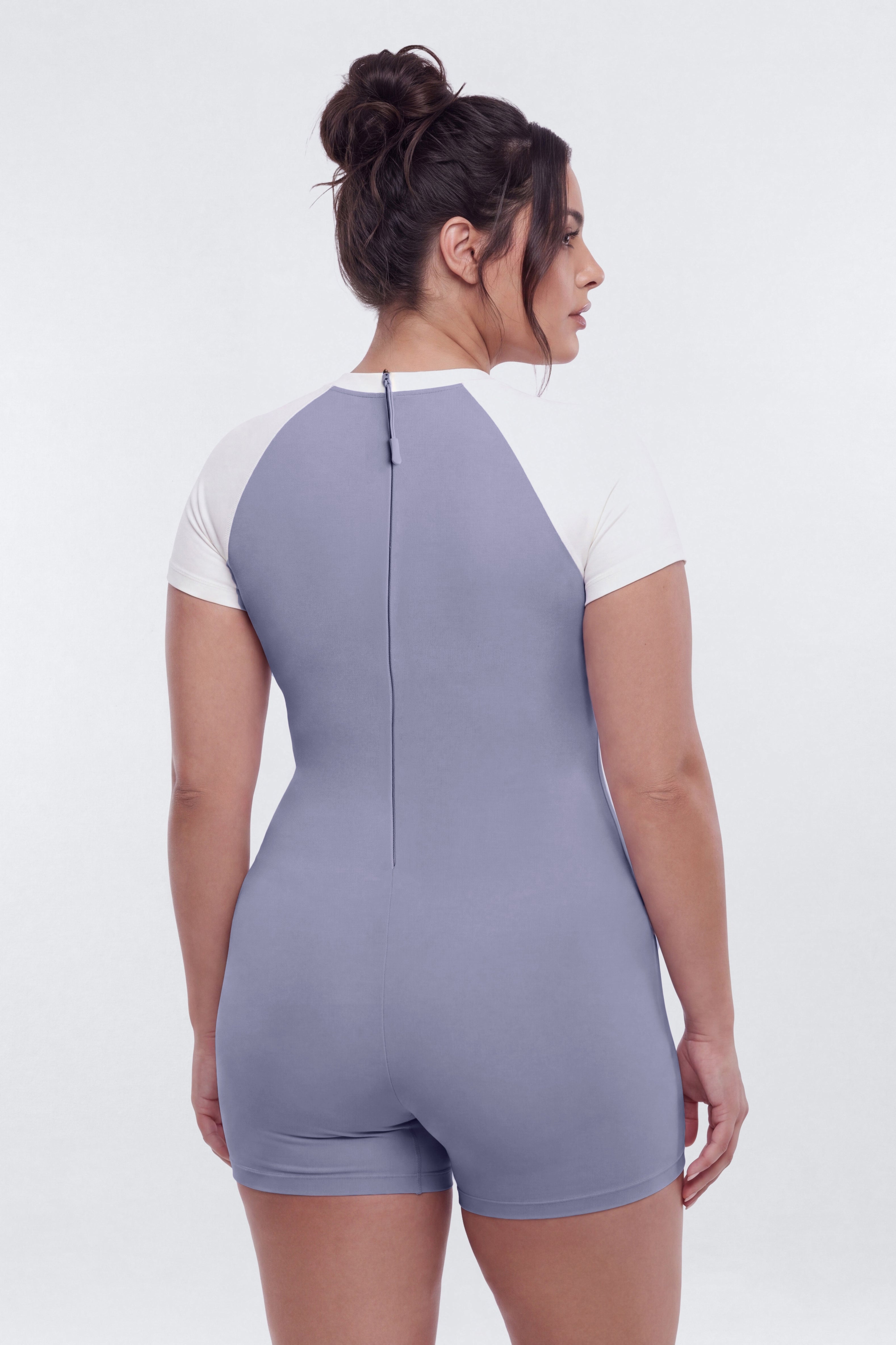 ProStretch™ 3″ Short Sleeve Colorblock Romper - Dusty Lavender