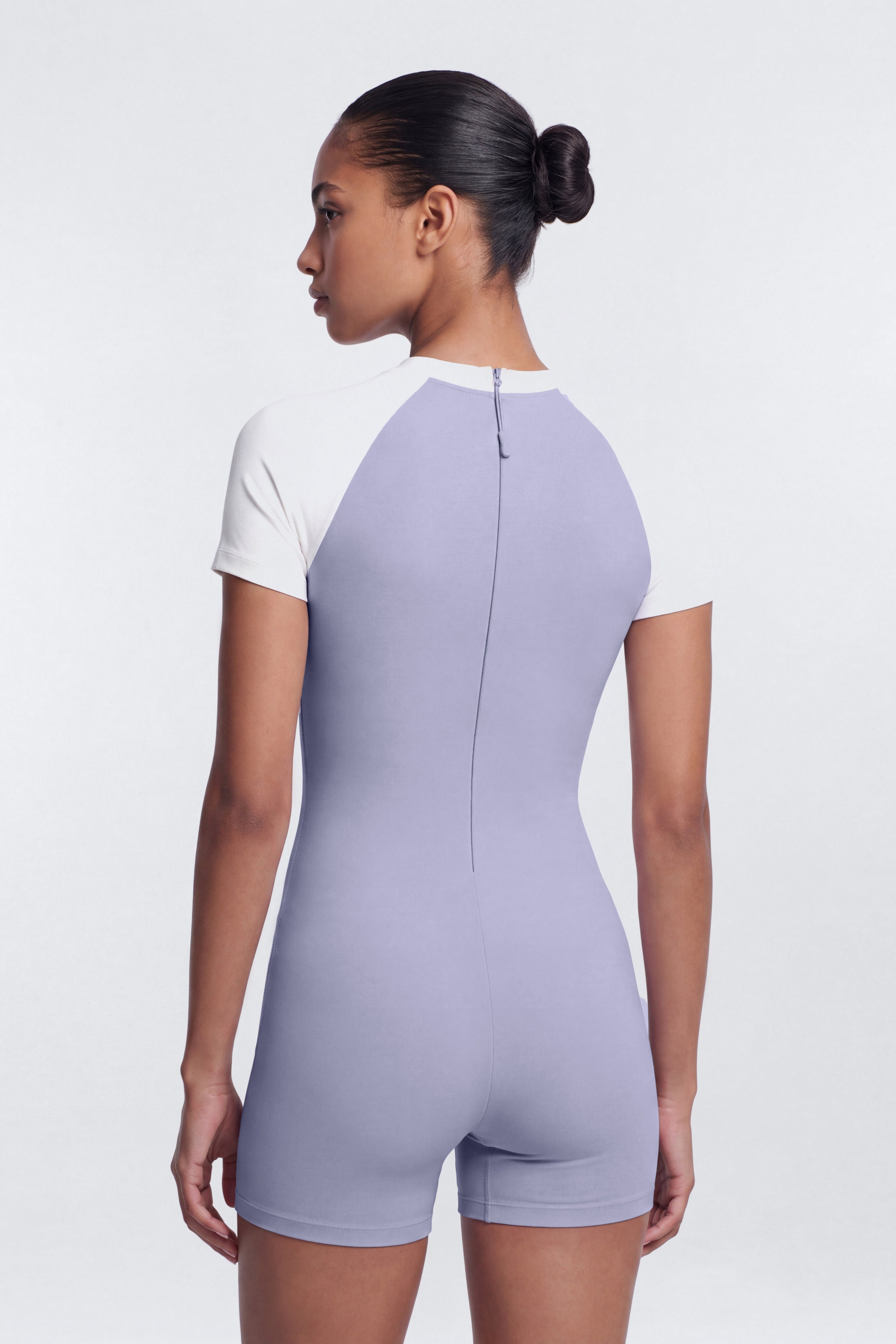 ProStretch™ 3″ Short Sleeve Colorblock Romper - Dusty Lavender
