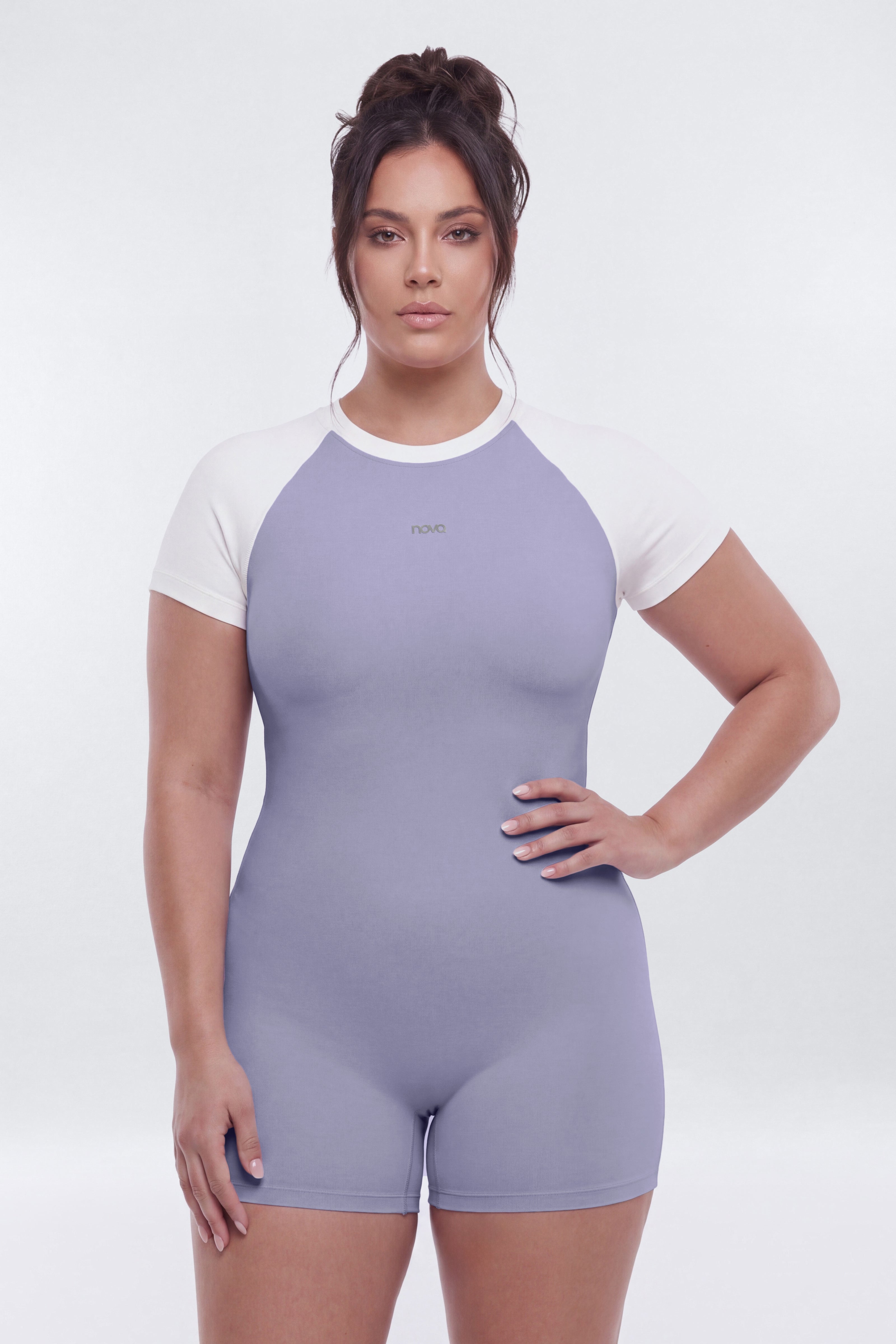 ProStretch™ 3″ Short Sleeve Colorblock Romper - Dusty Lavender