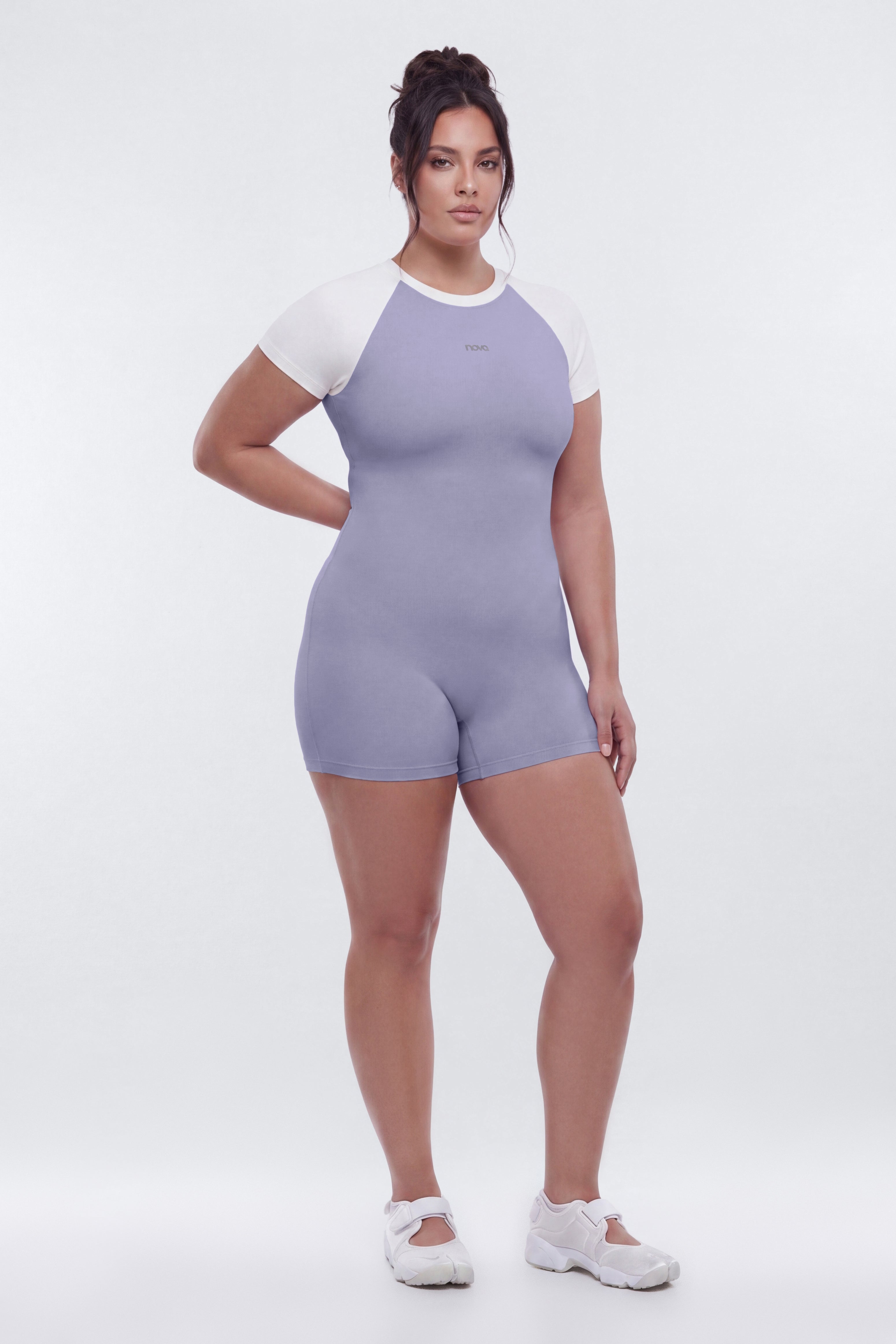ProStretch™ 3″ Short Sleeve Colorblock Romper - Dusty Lavender