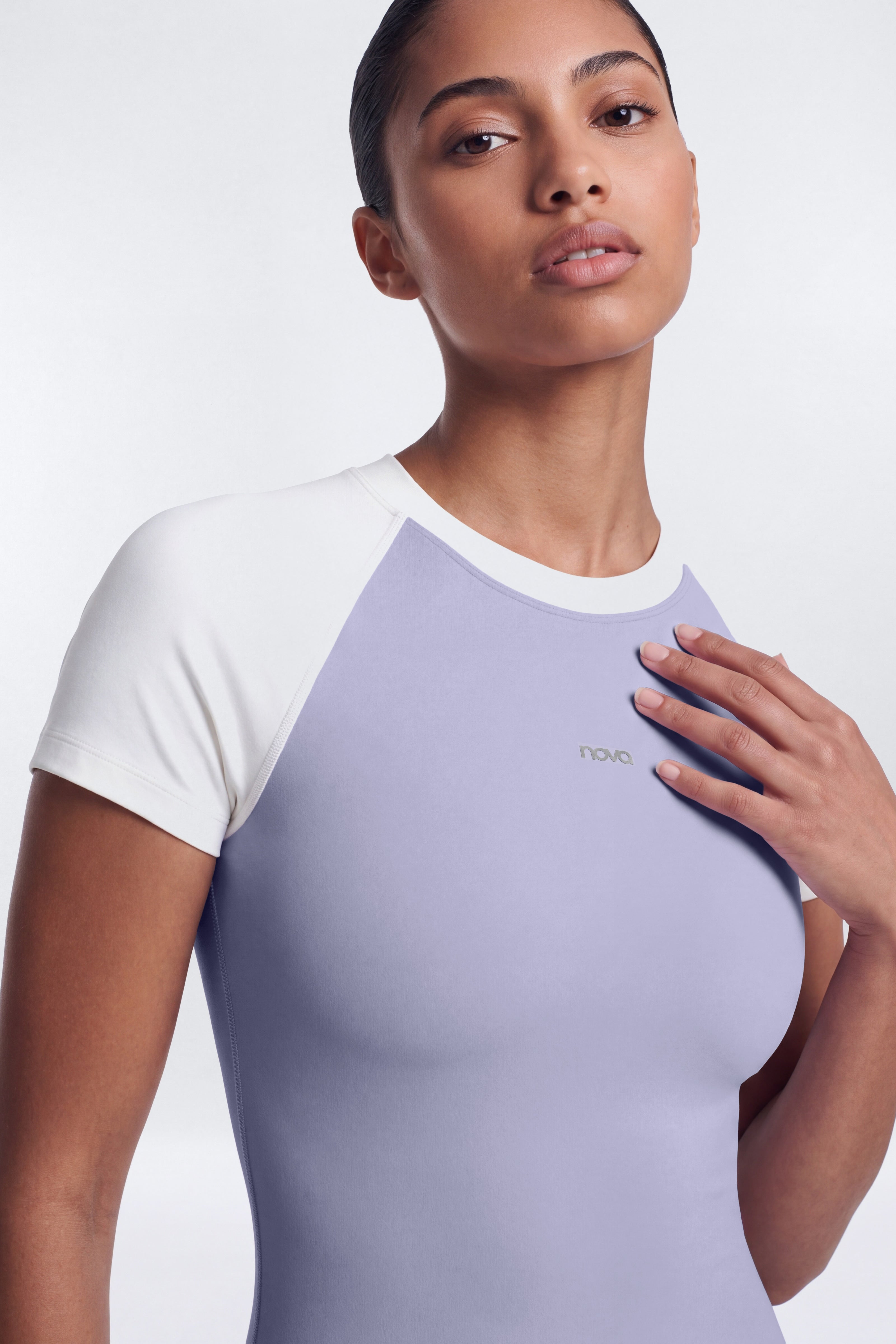 ProStretch™ 3″ Short Sleeve Colorblock Romper - Dusty Lavender