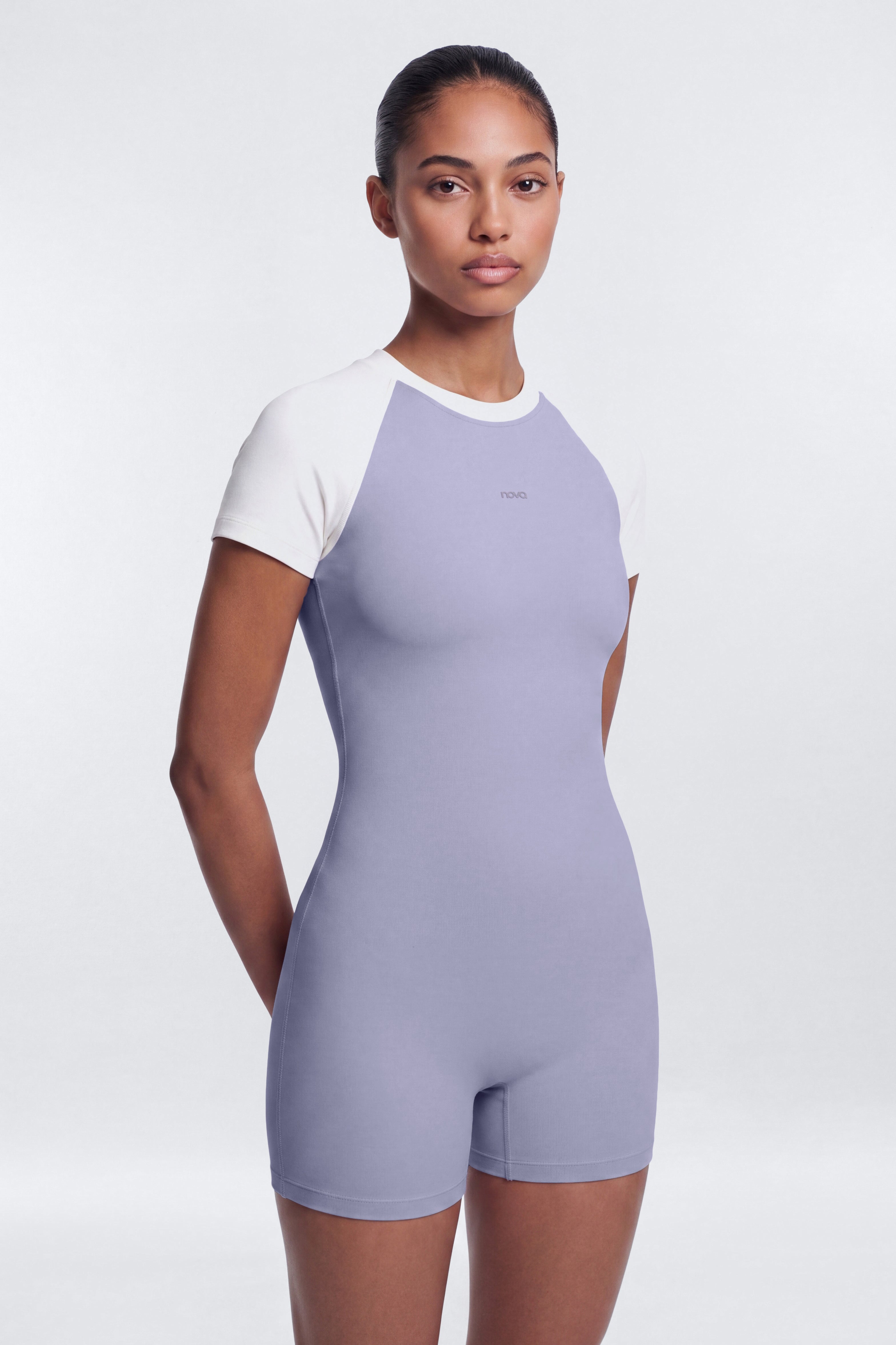 ProStretch™ 3″ Short Sleeve Colorblock Romper - Dusty Lavender