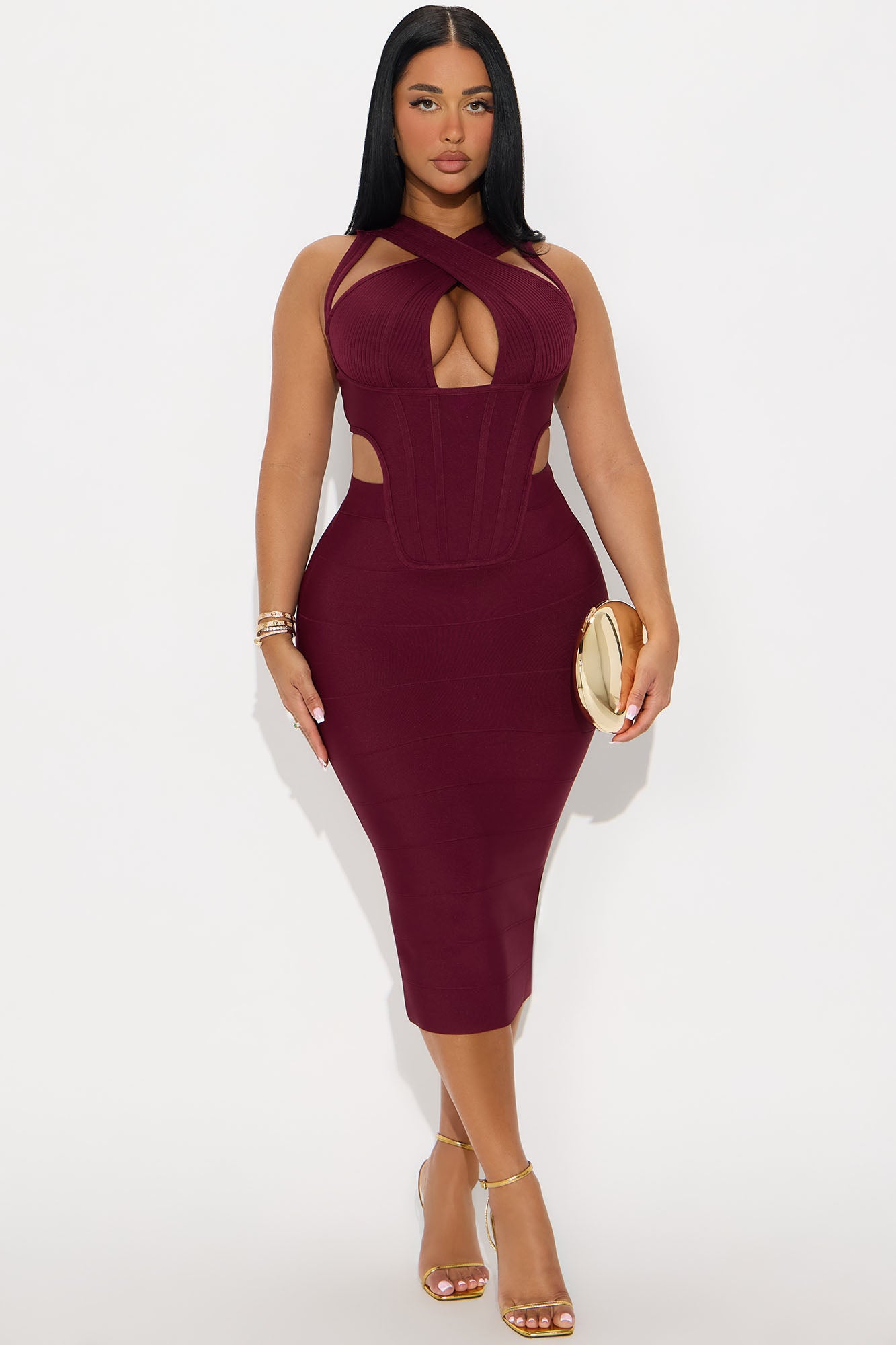 Center Of Attention Cut Out Bandage Midi Dress - Burgundy