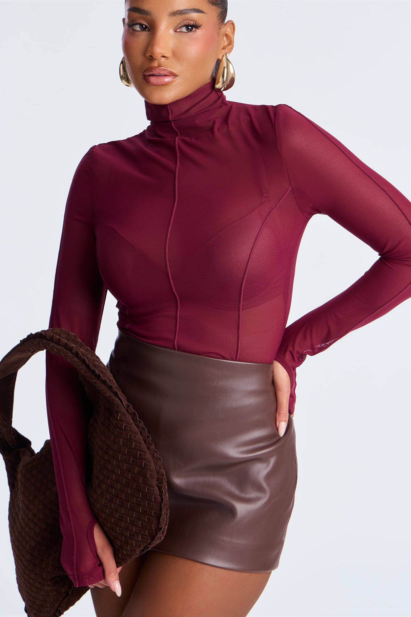 Power Mesh Mock Neck Long Sleeve Top - Wine