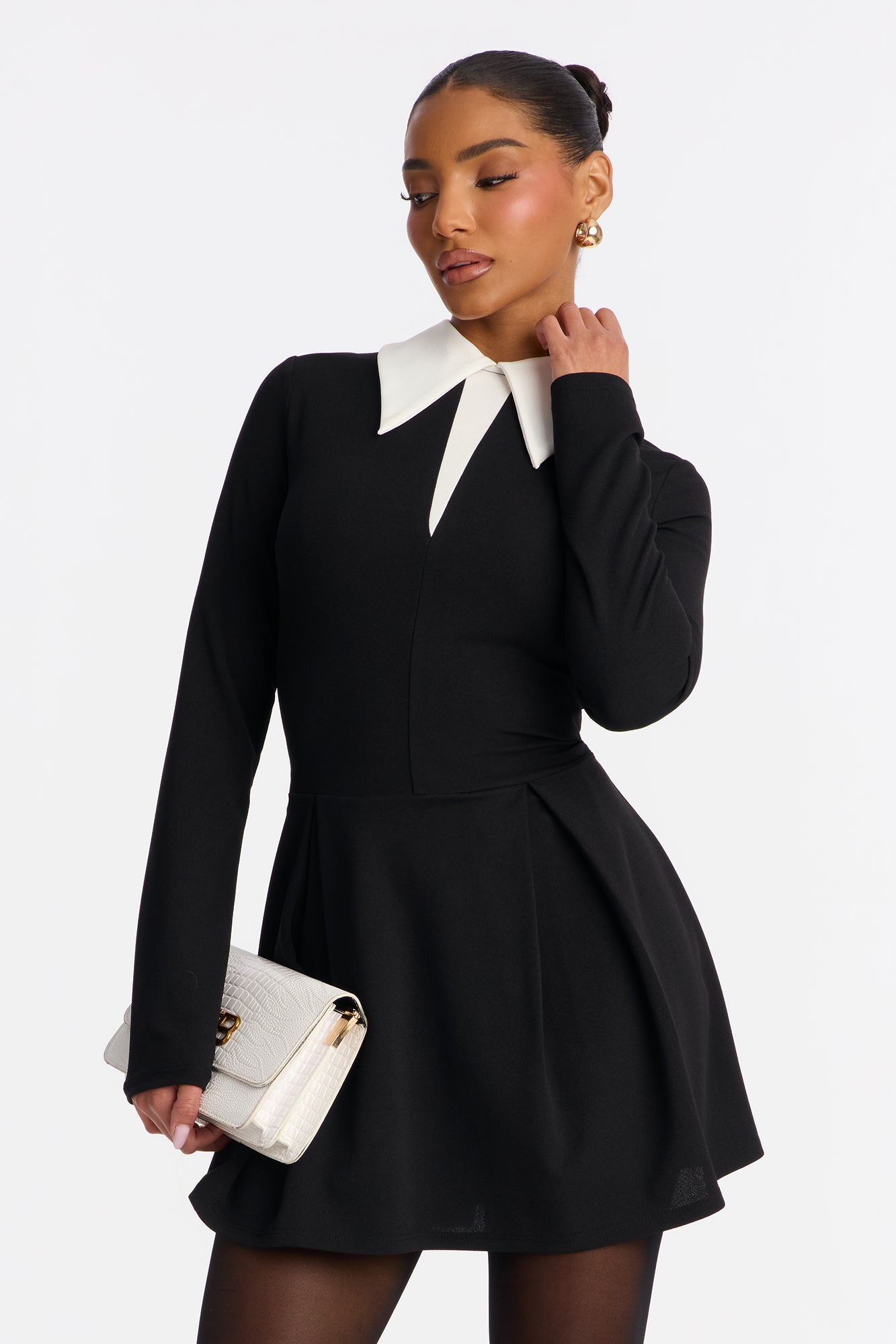 Giavanna Long Sleeve Pleated Mini Dress - Black/White