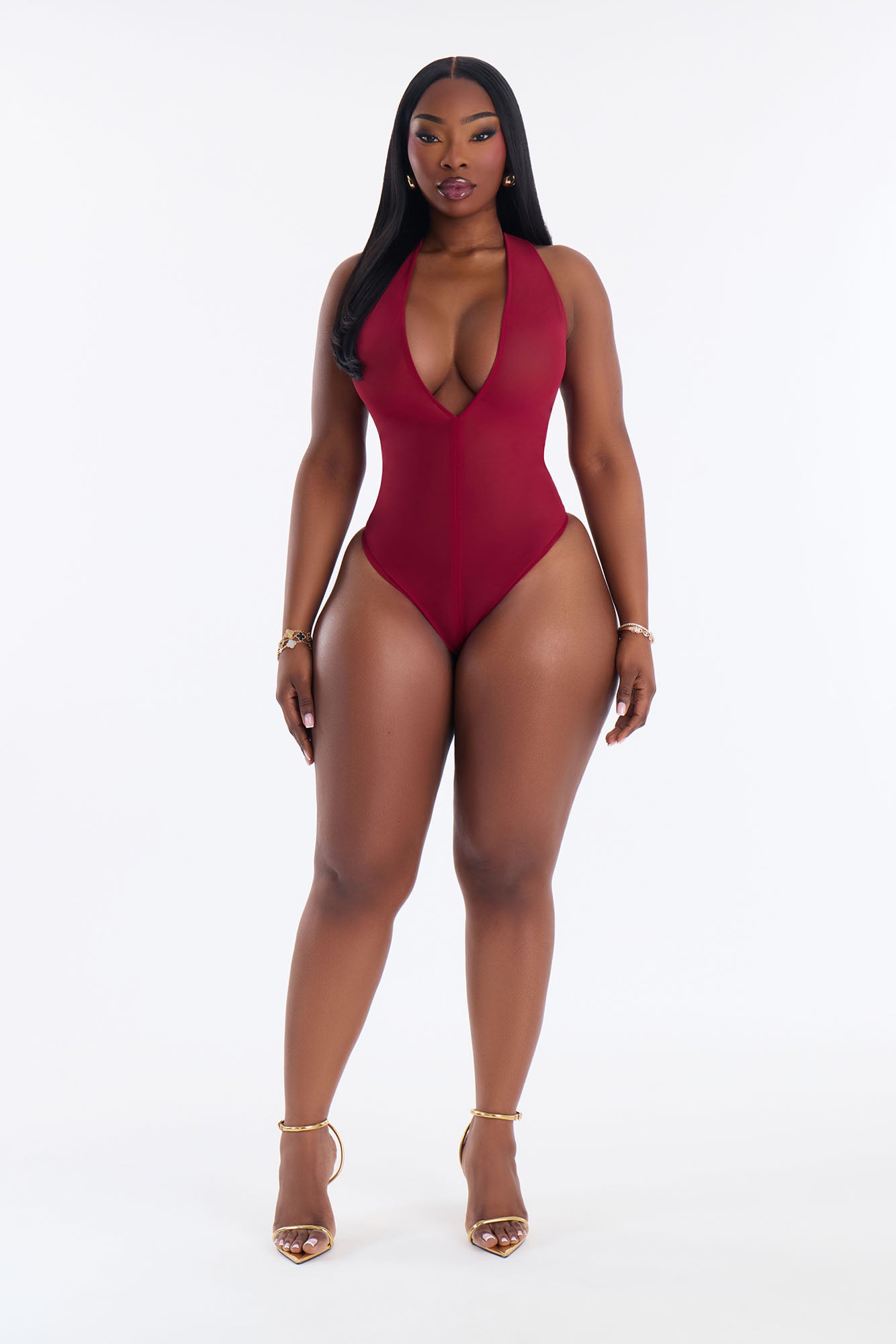 Power Mesh Deep V Neck Sleeveless Bodysuit - DarkRed