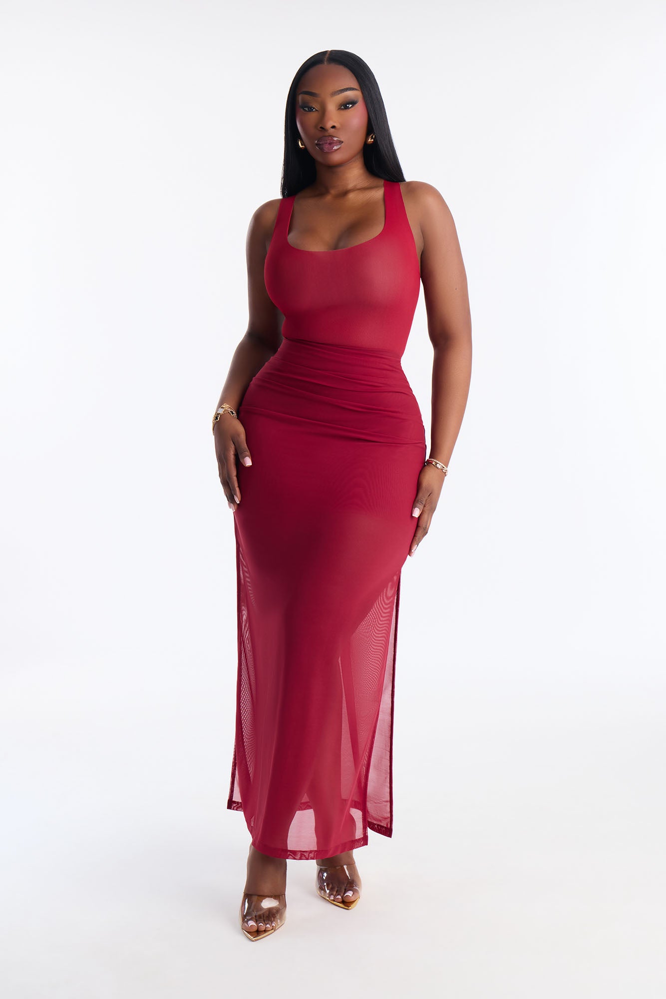 Power Mesh Low Scoop Back Sleeveless Top - DarkRed