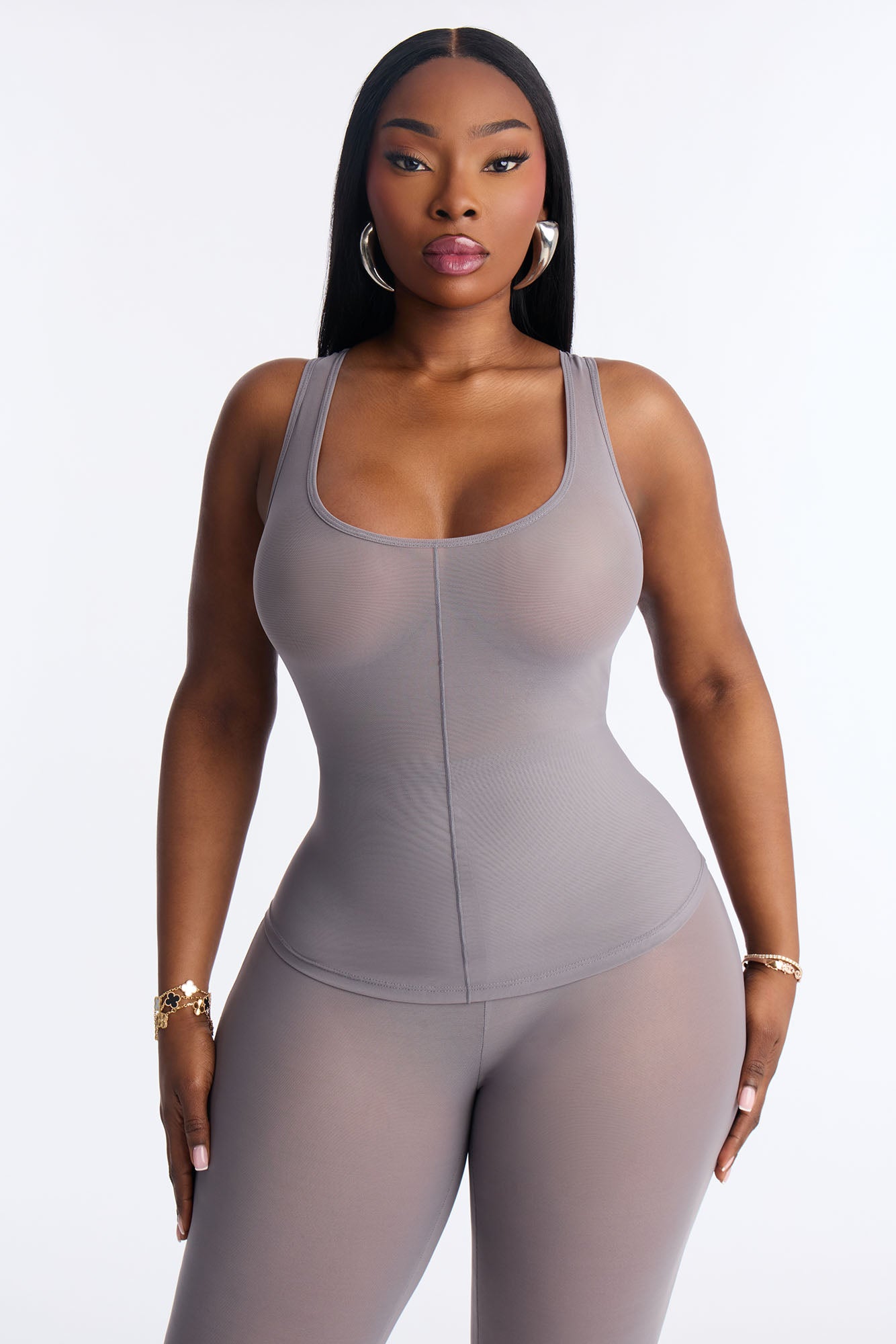 Power Mesh Scoop Neck Tank Top - Dark Grey