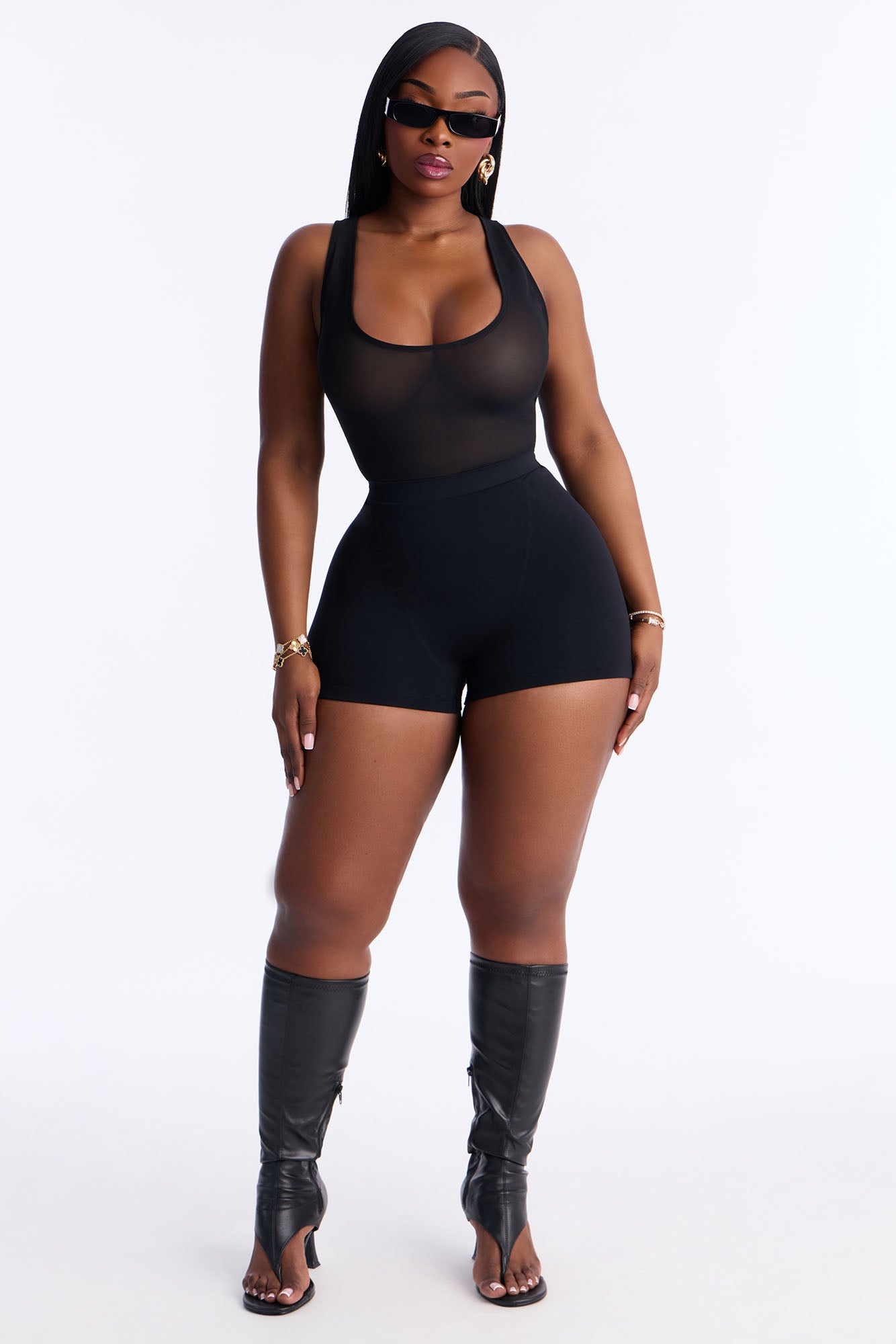 Power Mesh Deep U Neck Sleeveless Bodysuit - Black