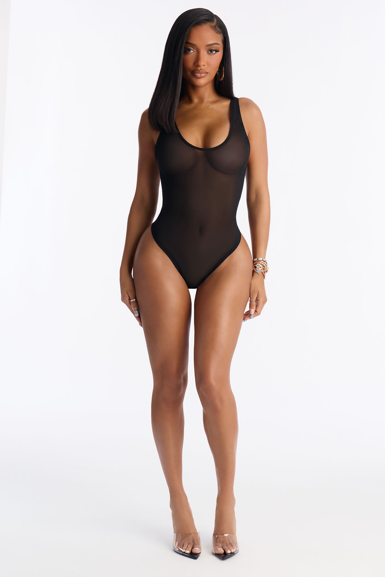 Power Mesh Deep U Neck Sleeveless Bodysuit - Black