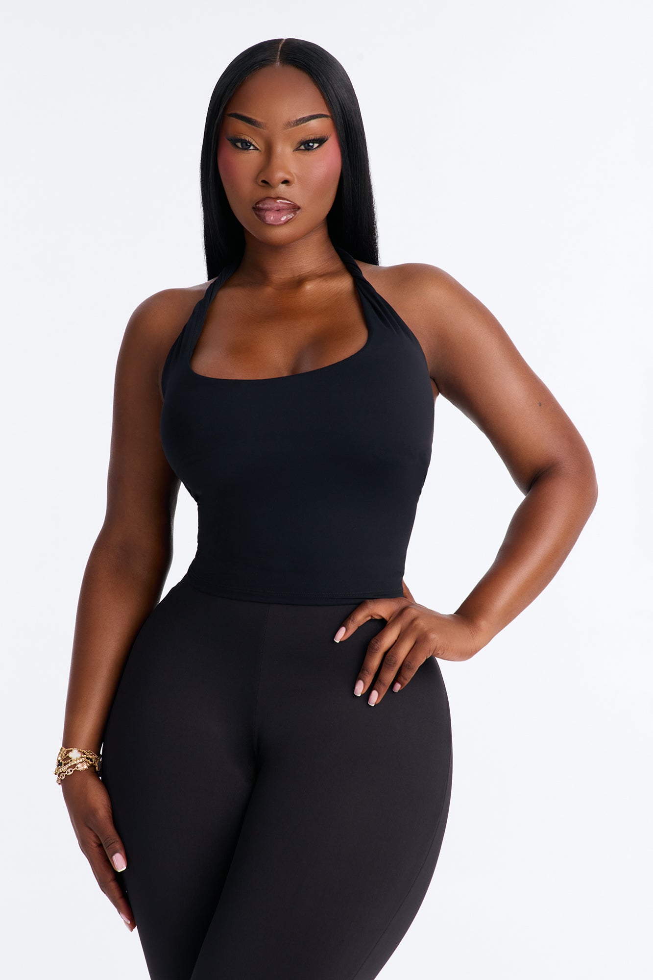 Second Skin Double Lined Twist U Neck Halter Top - Black