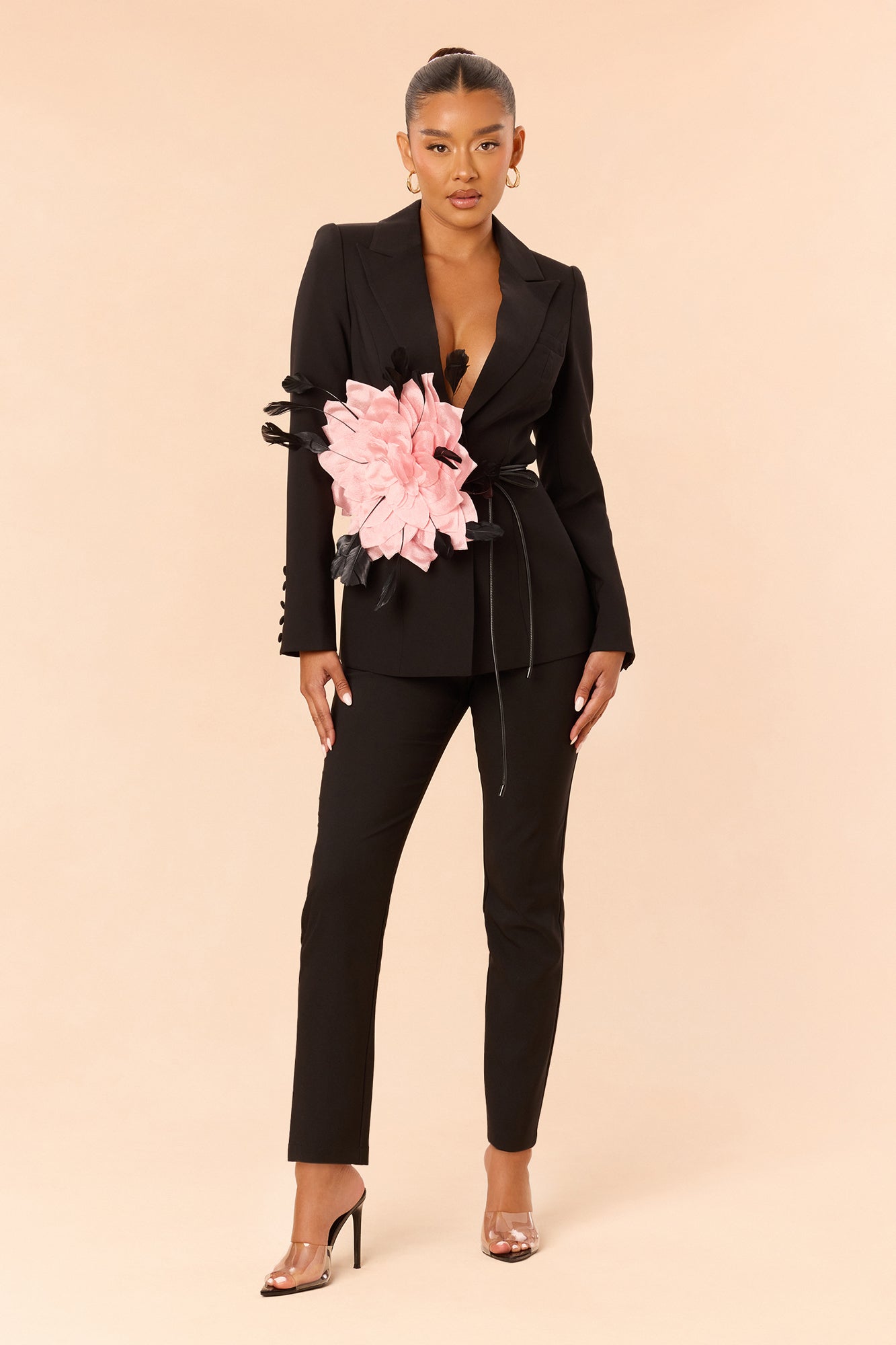 Kahlea Floral Applique Belted Pant Set - Black
