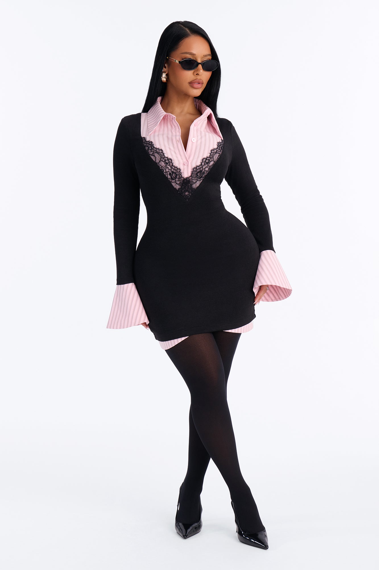 Cut To The Chase Collar Mini Dress - Black/Pink image 5