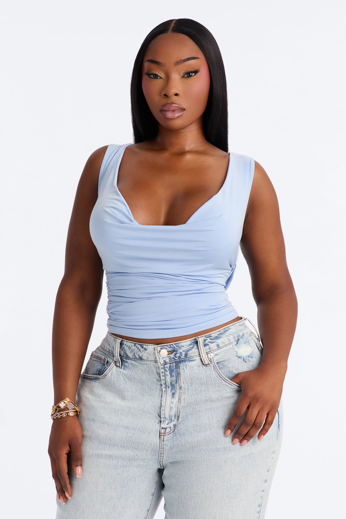 Sabrina Cowl Neck Back Cut Out Sleeveless Top - Blue