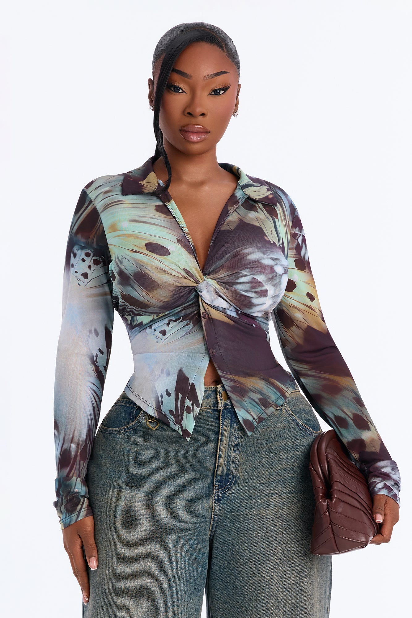 Alondra Abstract Mesh Long Sleeve Shirt - Blue/combo