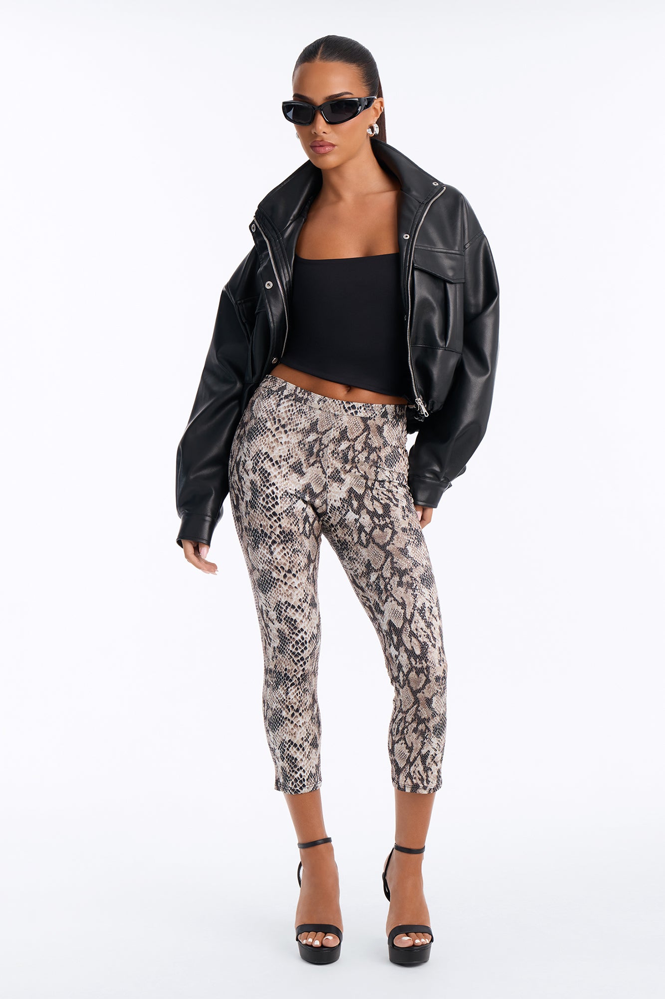 Slick Moves High Rise Snakeskin Capri Leggings - Brown Combo image 5