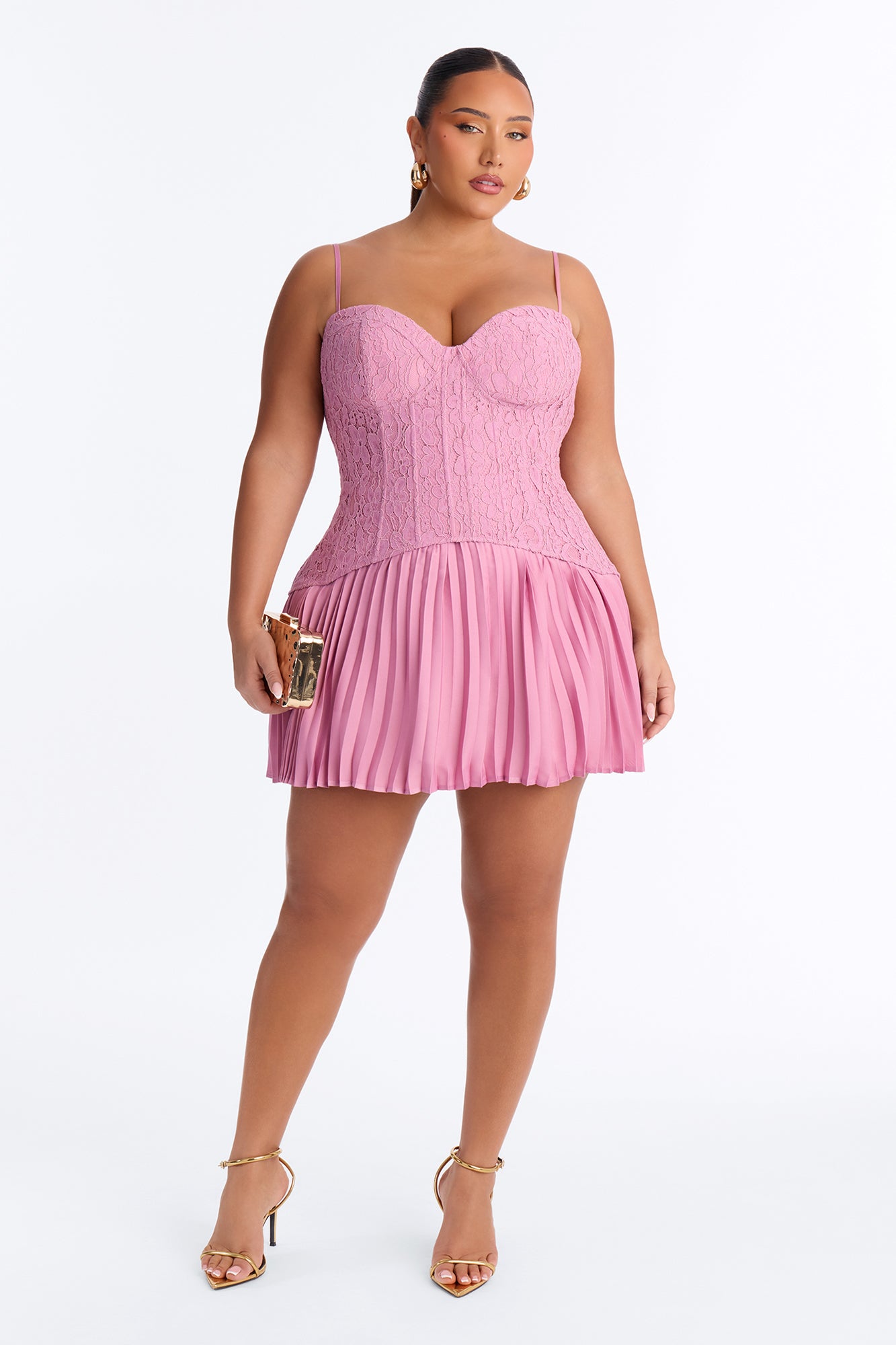 Daniella Lace Corset Pleated Mini Dress - Rose