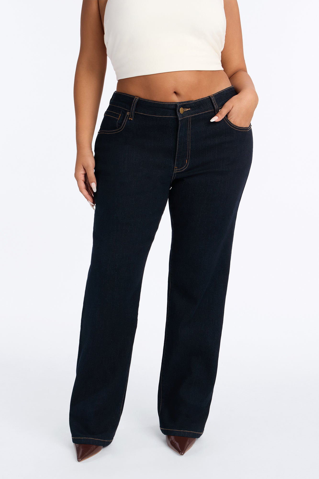 Favorita Mid Waist Stretch Straight Leg Jeans - Dark Denim