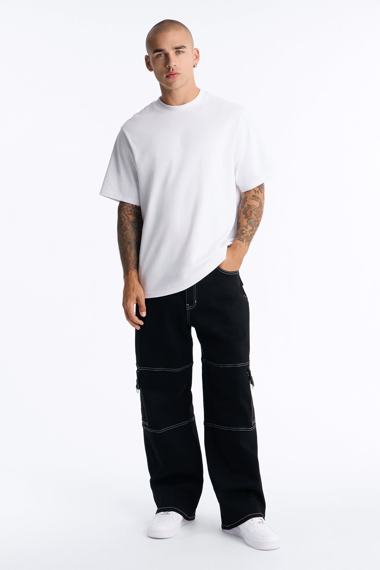 Contrast Stitch D-Ring Baggy Cargo Jean - Black