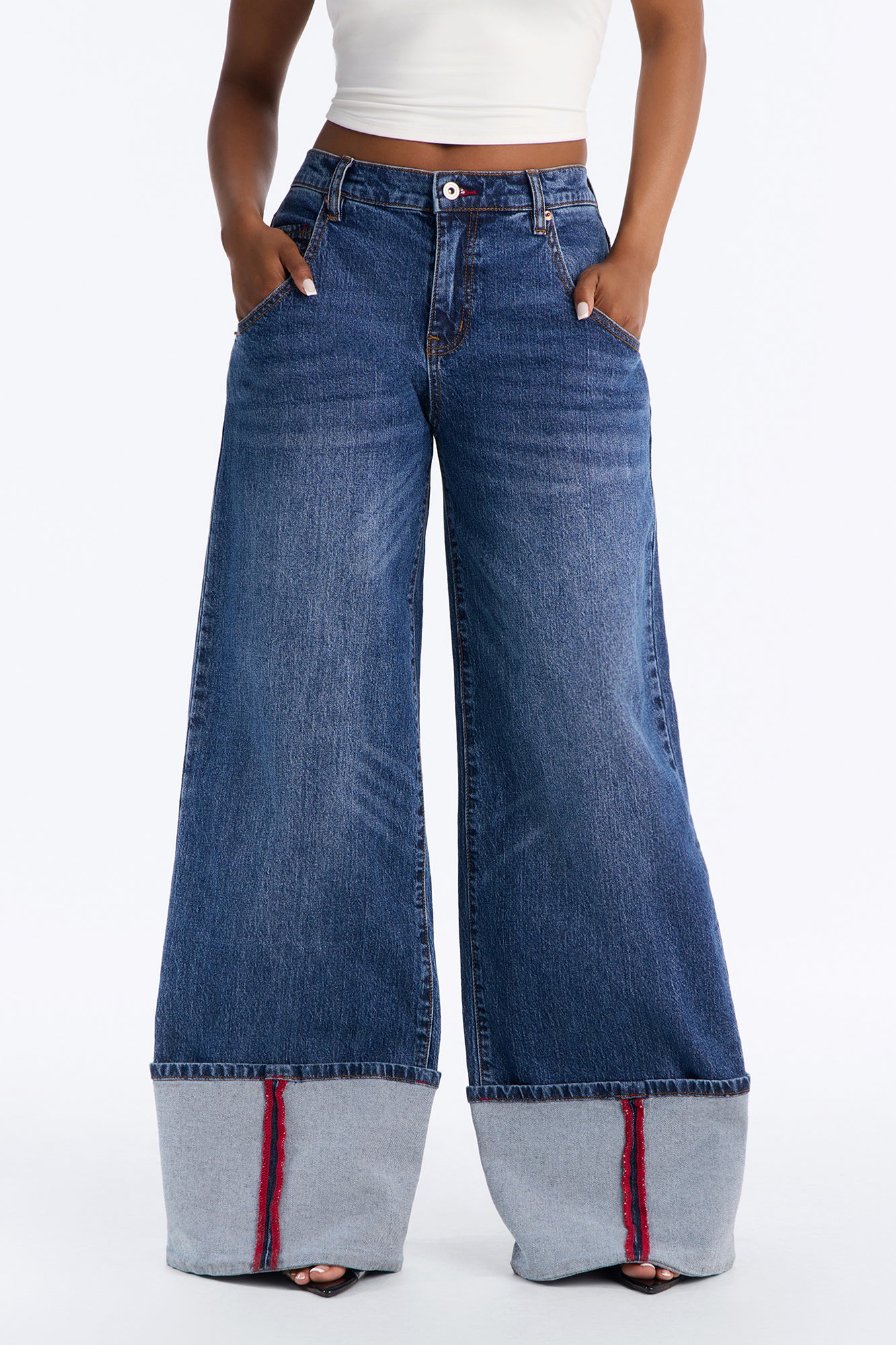 Cuffing Season Premium Turn Up Wide Leg Jeans - Dark Wash image 5