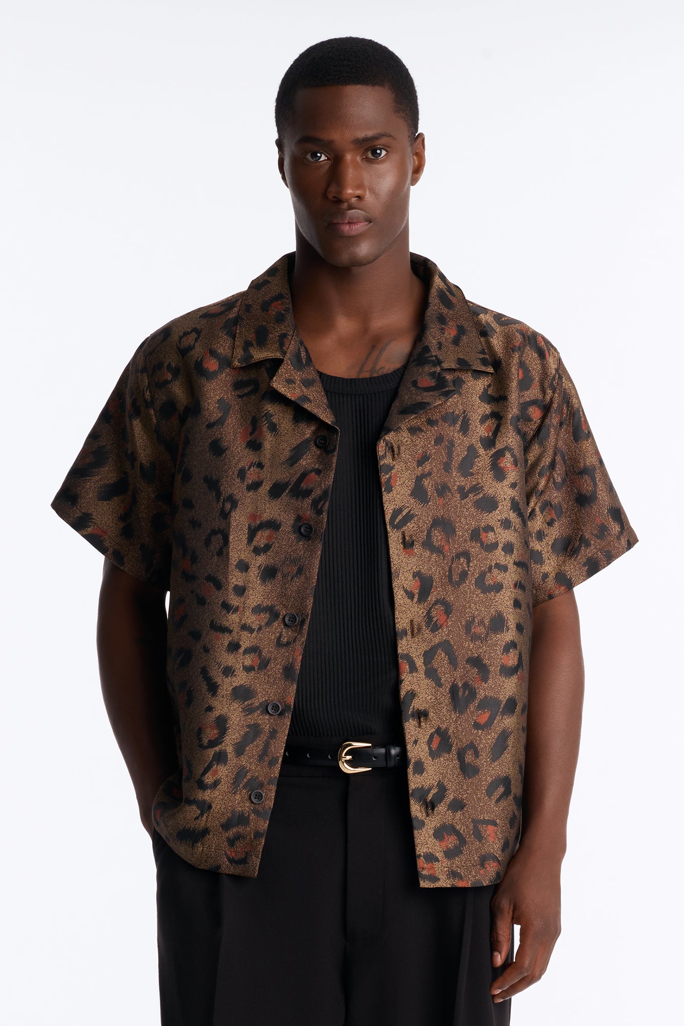 Dune Leopard Cuban Collar Button Up Shirt - Brown/combo
