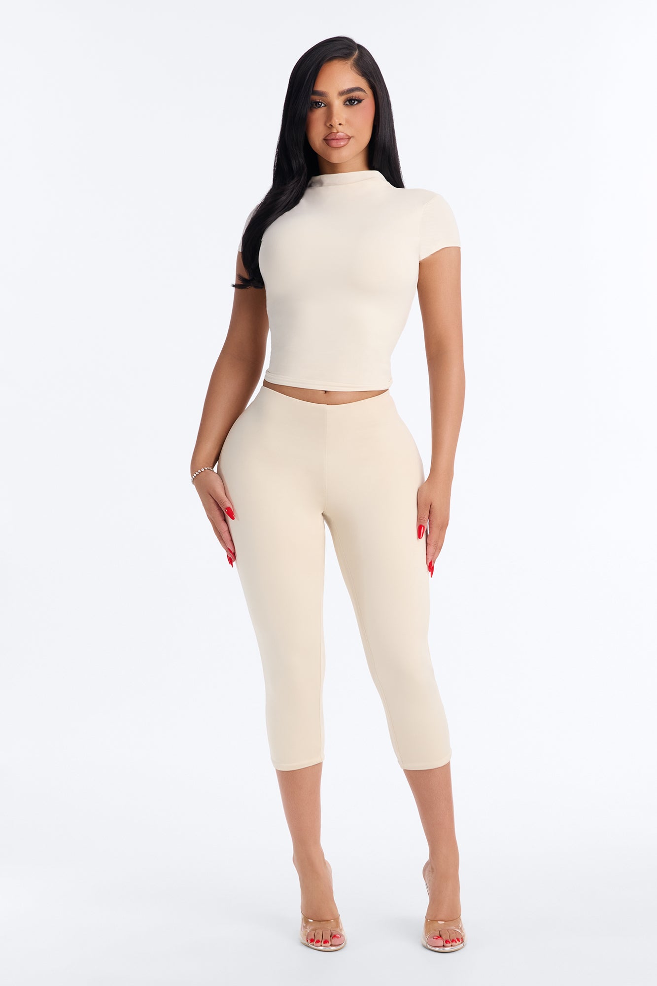 Second Skin Double Lined Mock Neck Short Sleeve Top - Bone