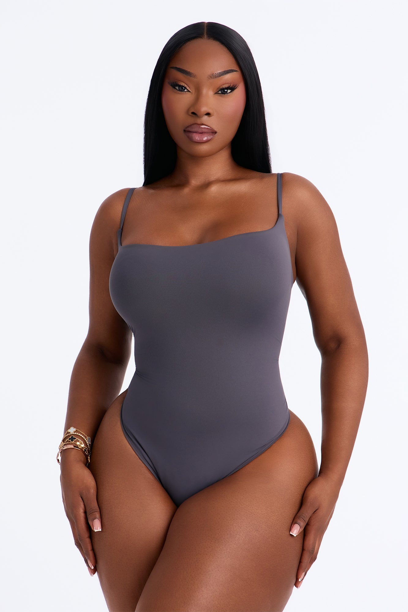 Second Skin Double Lined Square Neck Cami Bodysuit - Charcoal