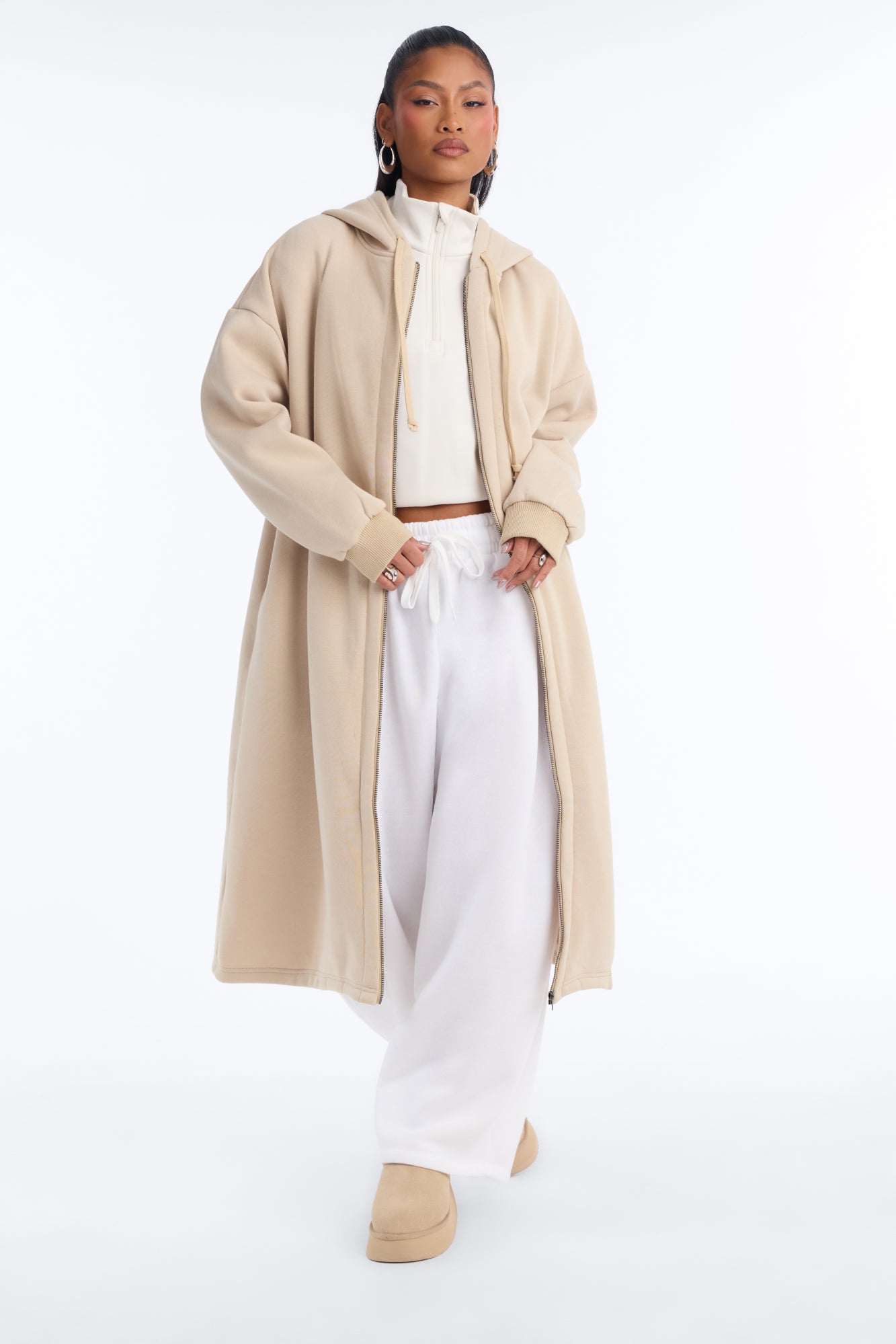 Sunday Lounge Fleece Hooded Long Jacket - Taupe