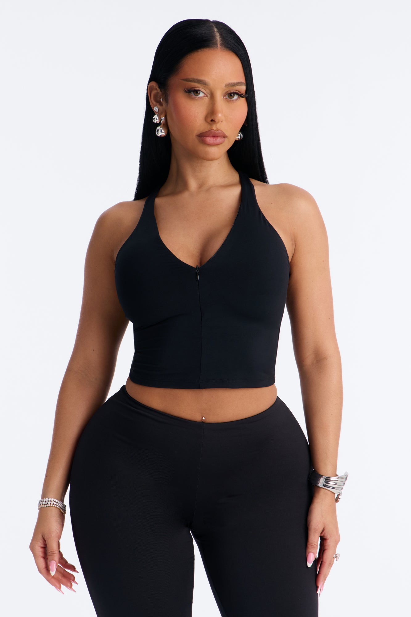 Second Skin Double Lined Front Zip Sleeveless Top - Black