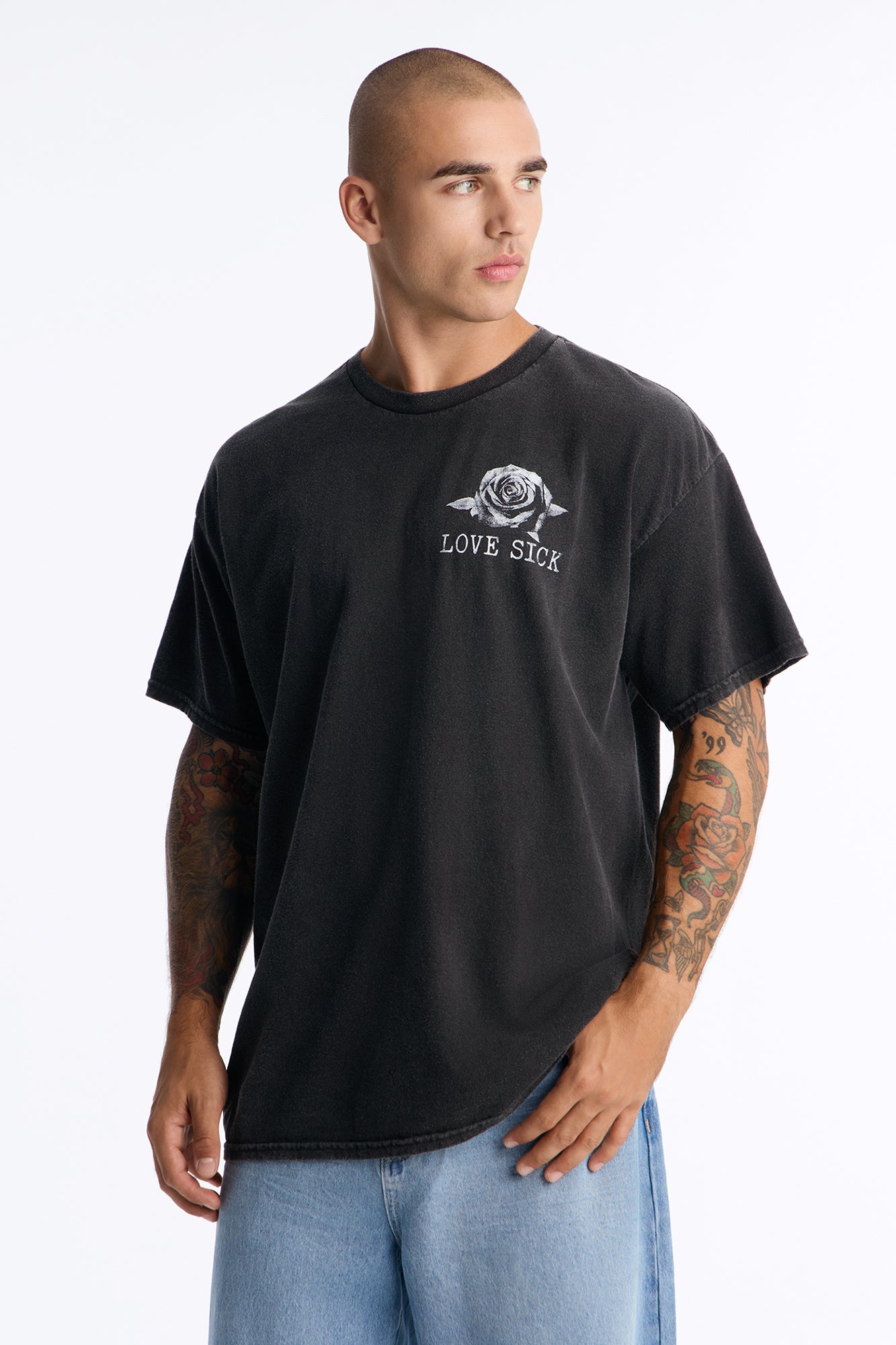 Love Sick Distressed Vintage Oversized Short Sleeve Tee - Black