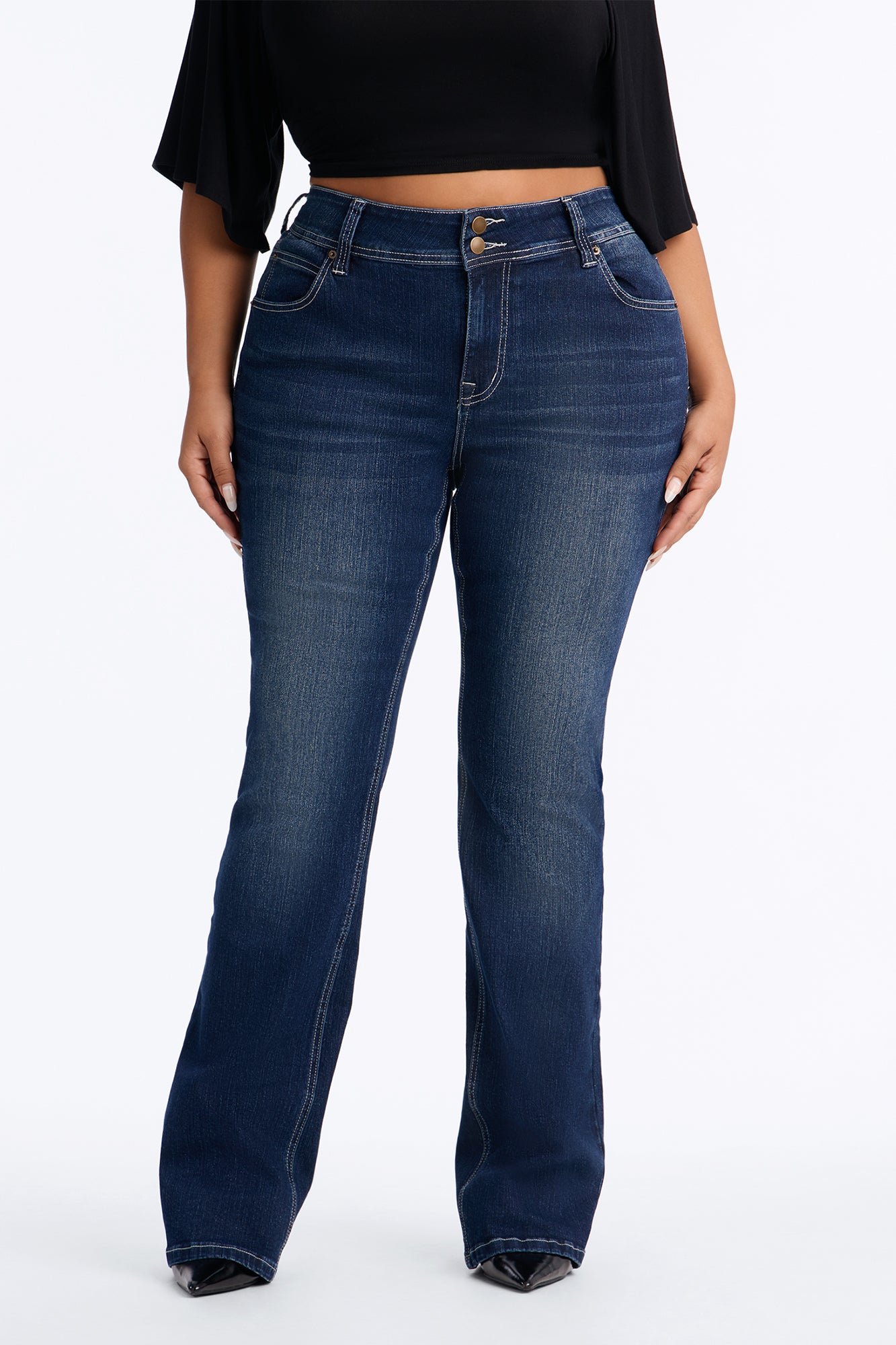 Might Go Double Button Stretch Bootcut Jeans - Dark Wash