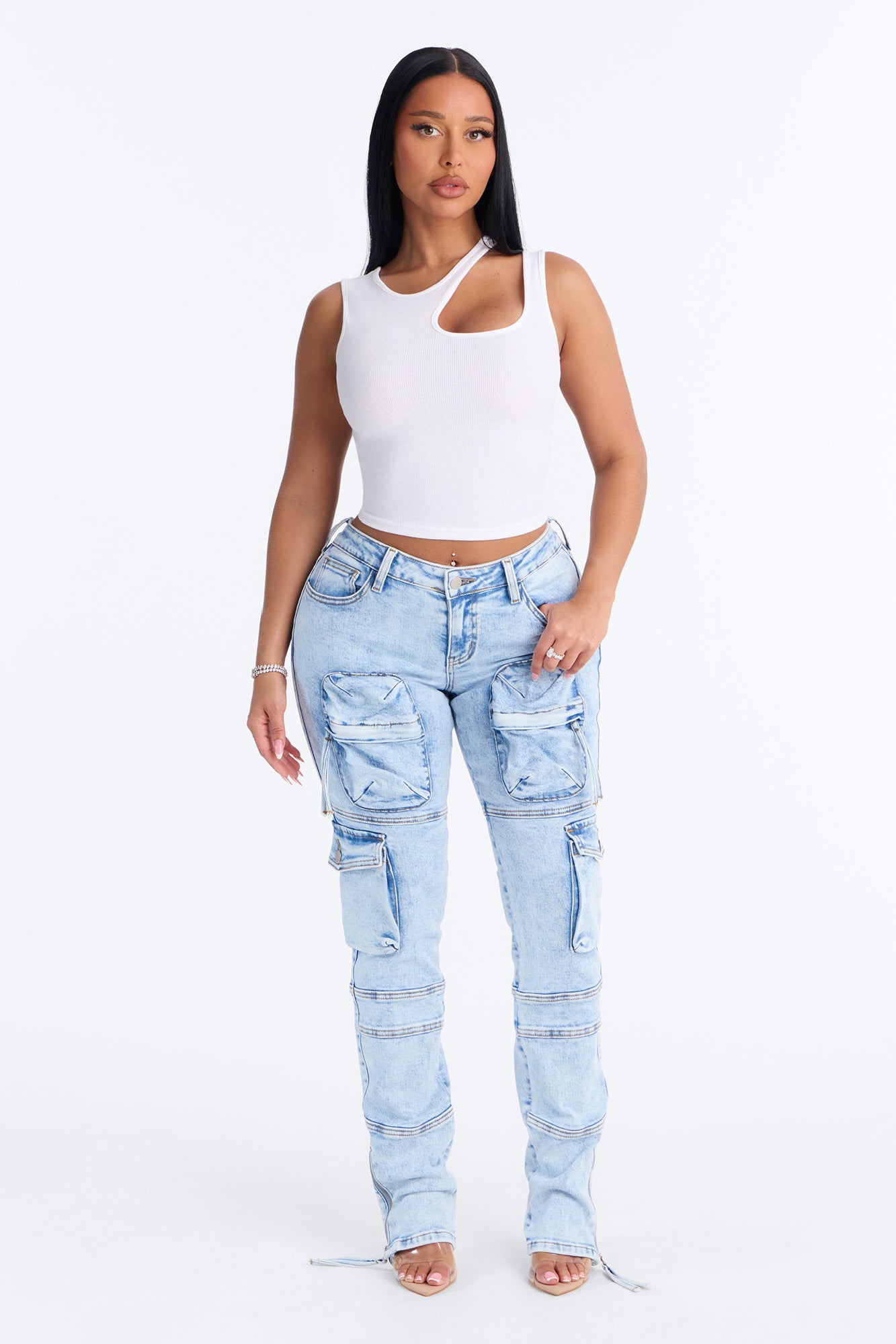 Street Smarts Stretch Slim Straight Cargo Jeans - Light Wash image 5