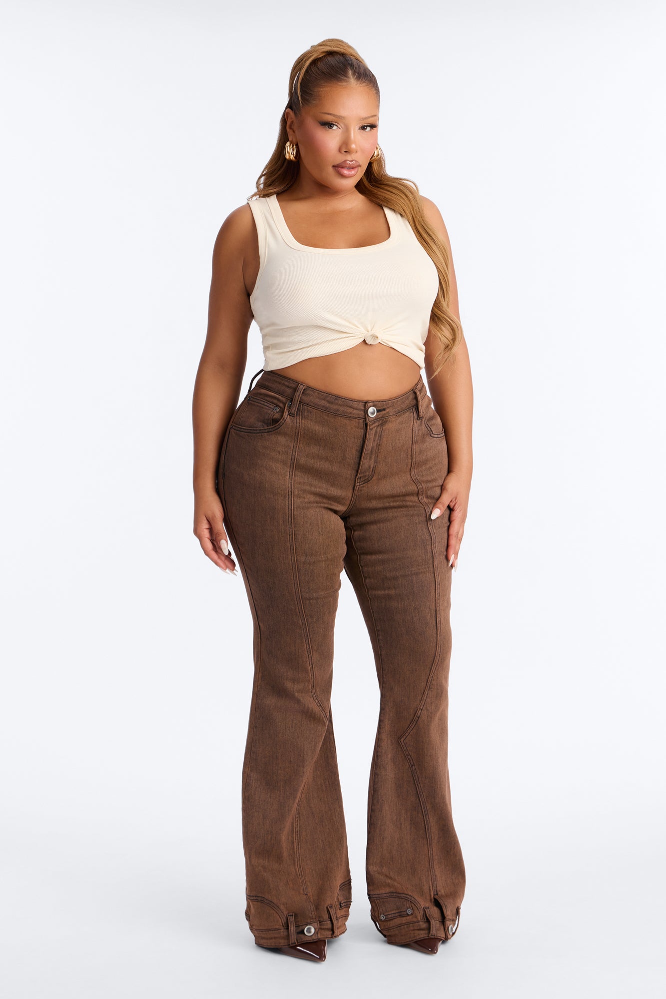 A Hot Take Upside Down Low Rise Stretch Flare Jeans - Rust image 2