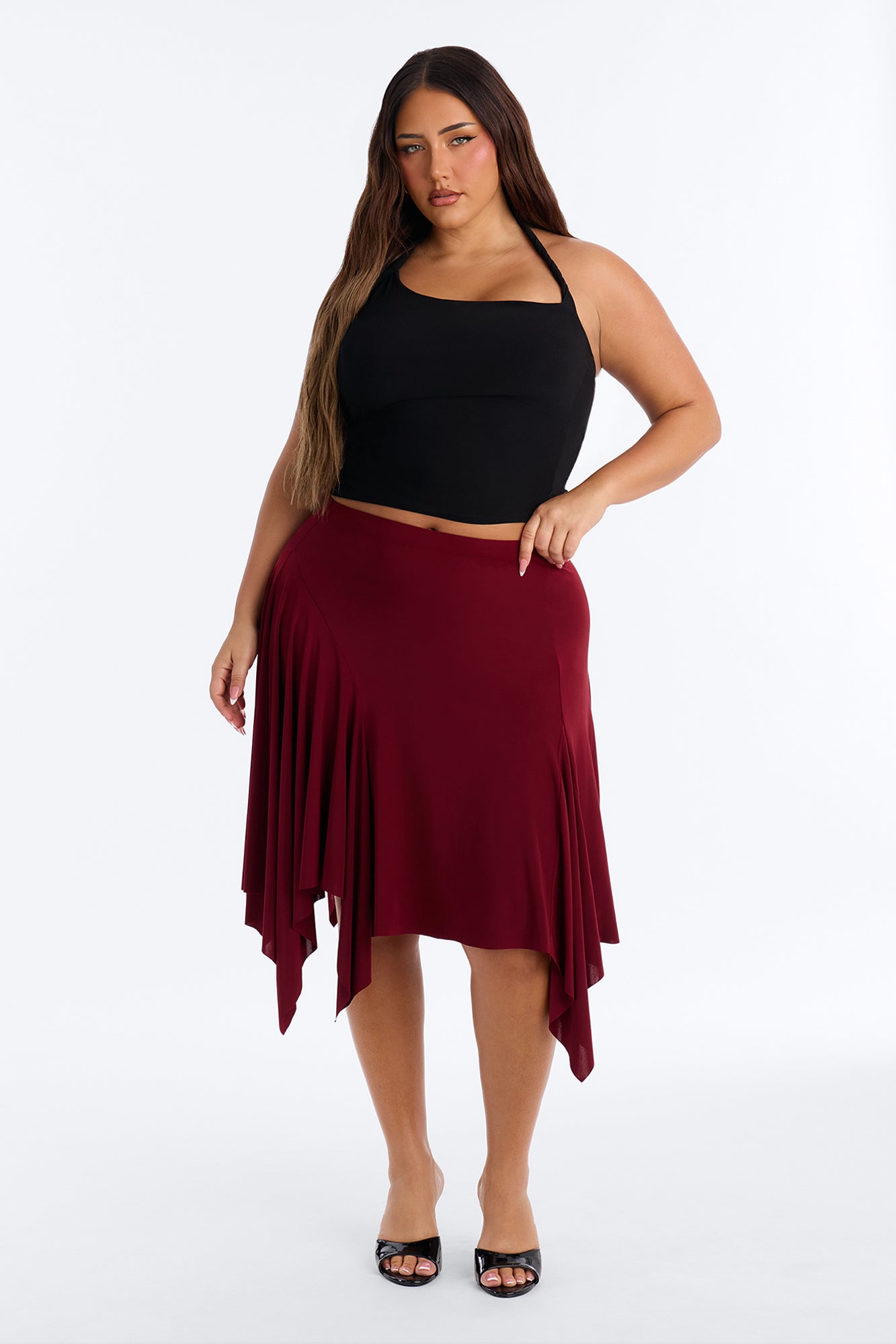 Mae Asymmetrical Midi Skirt - Burgundy