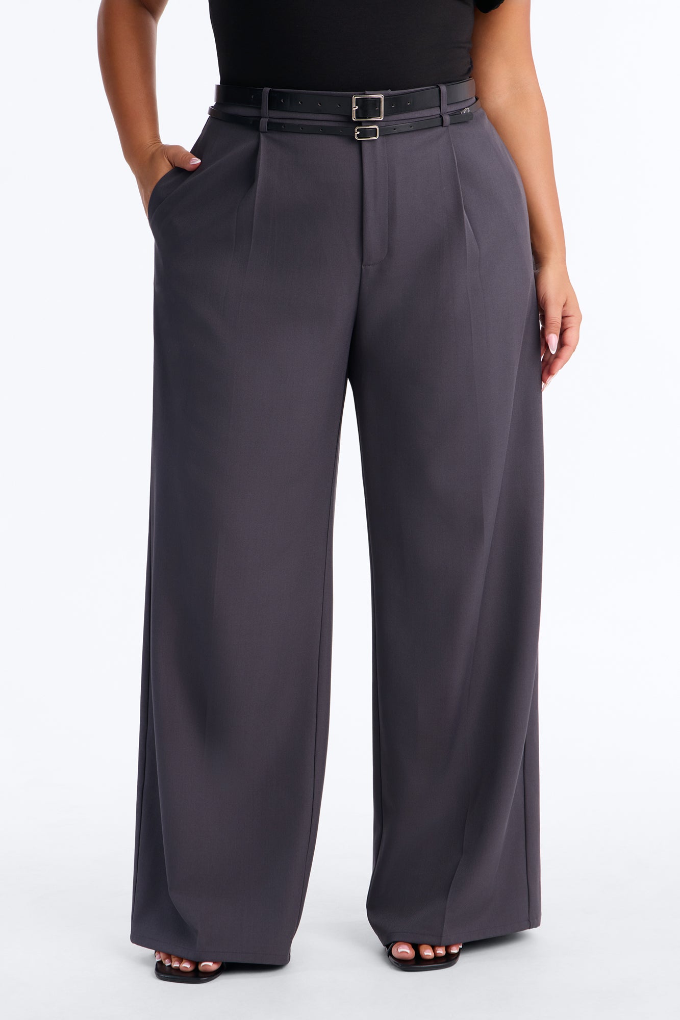 Geraldine Belted Wide Leg Trousers 33″ - Charcoal