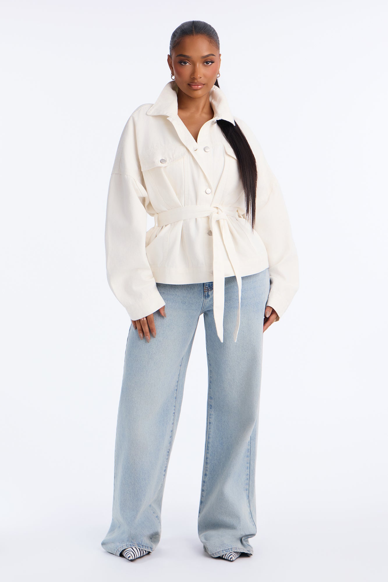 Hitting The Town Twill Belted Jacket - Ivory