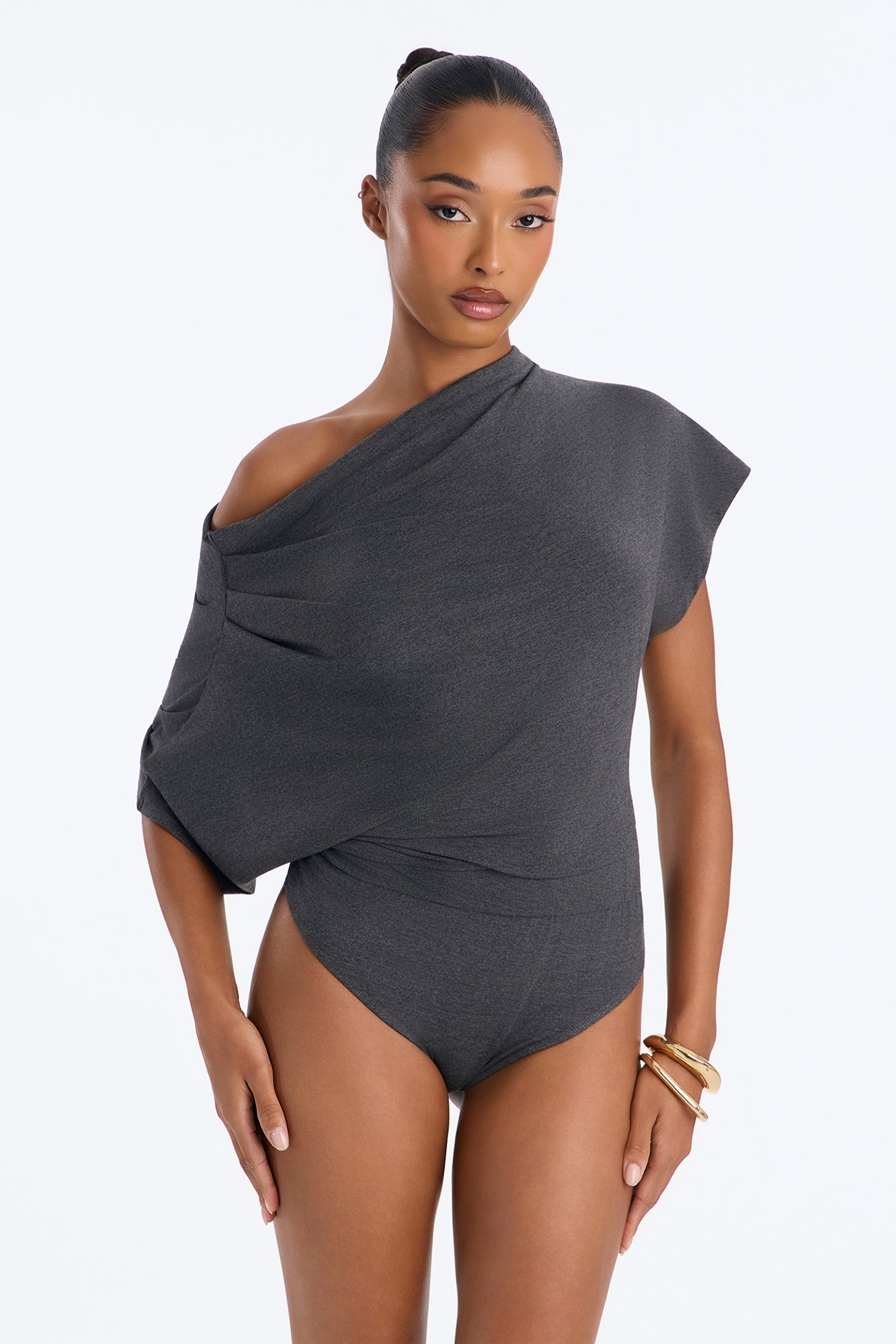 Flatter Me Off Shoulder Bodysuit - Charcoal