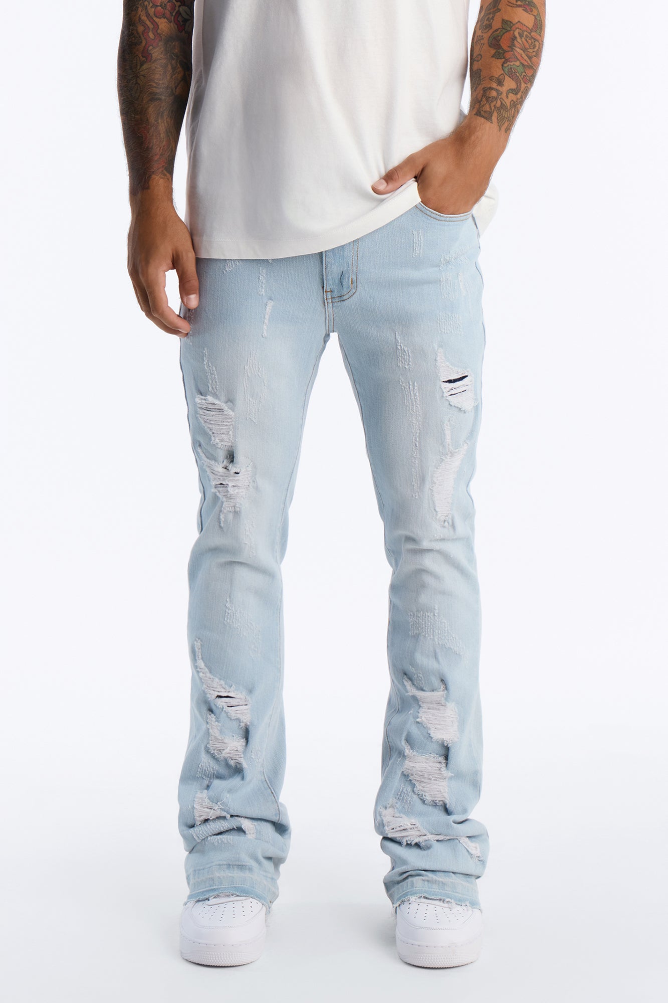 Cuff Me Stacked Skinny Flared Jeans - Light Blue Wash
