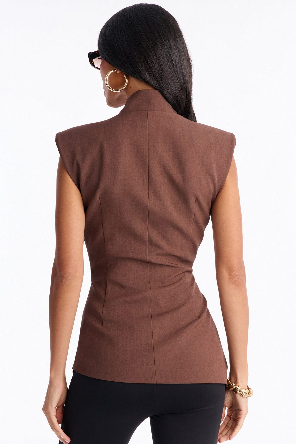 Let's Get Going Shoulder Pads Pleated Top - Brown
