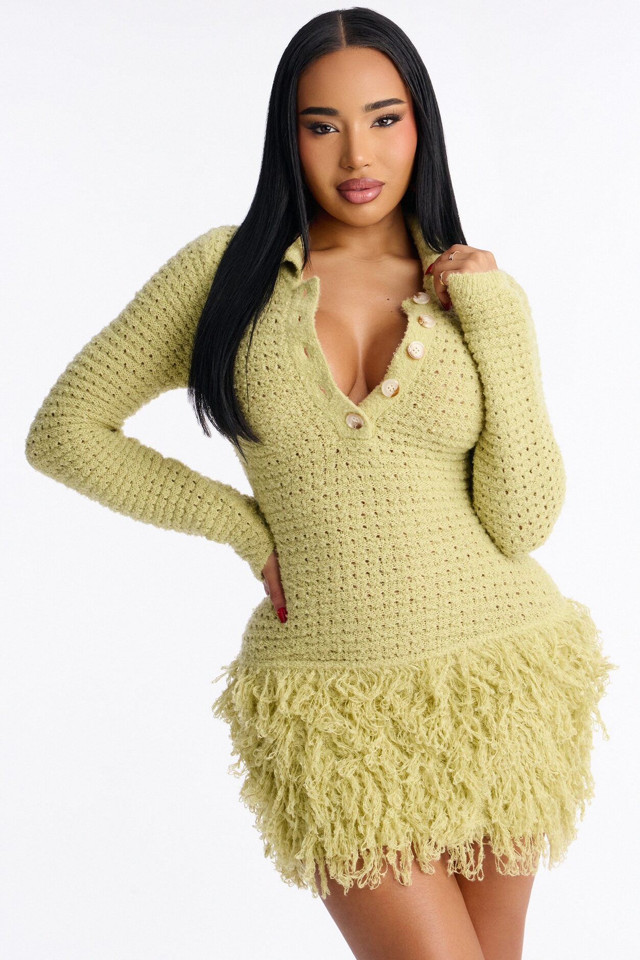 Forever Yours Fringe Trim Sweater Mini Dress - Chartreuse