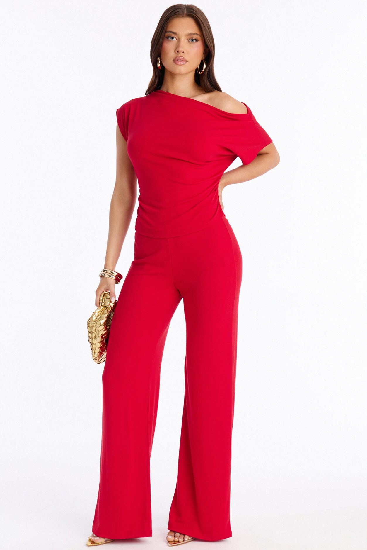 Alicia Off Shoulder Wide Leg Pant Set - Red