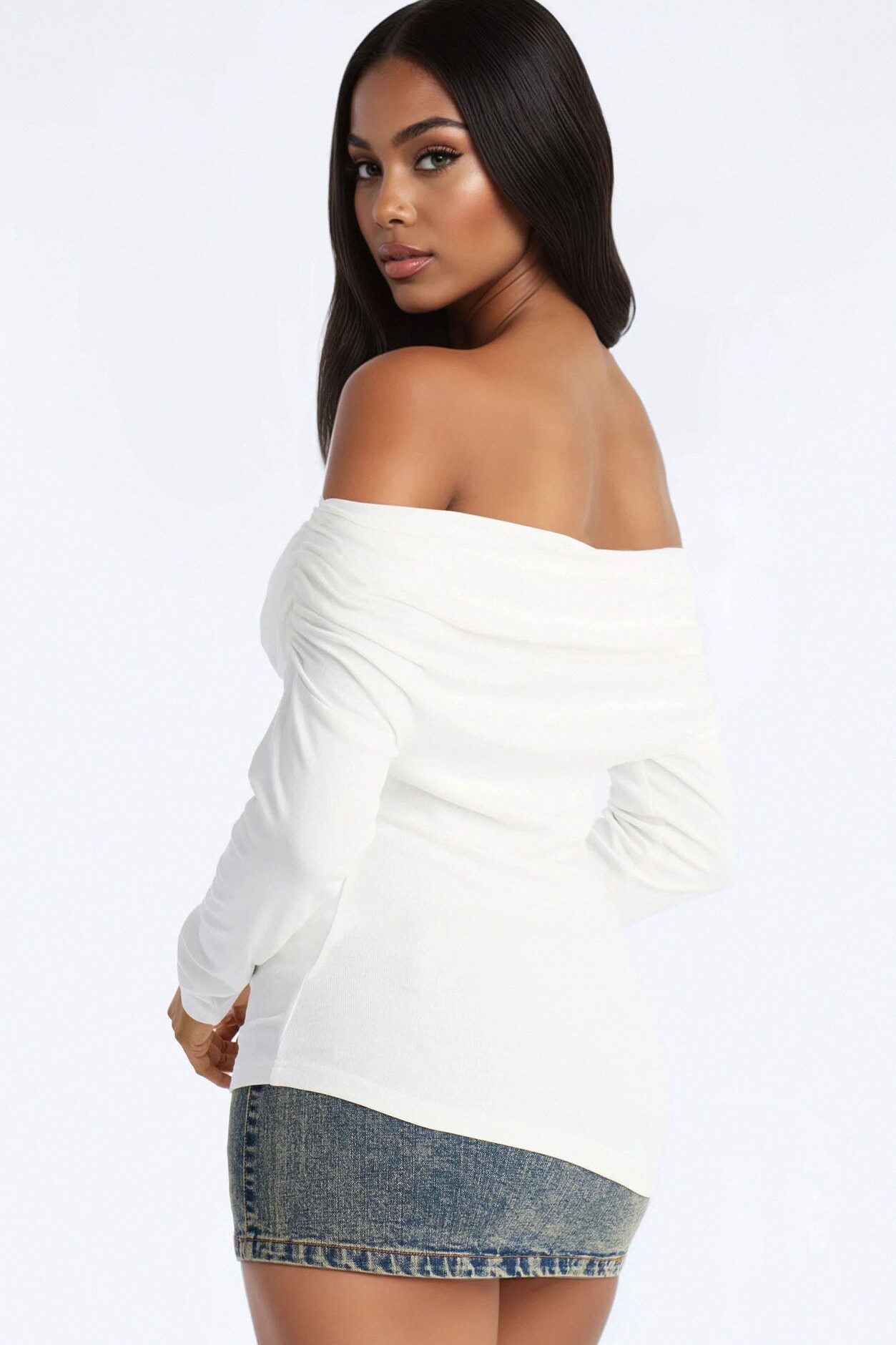 Rebecca Off Shoulder Ruched Long Sleeve Top - White