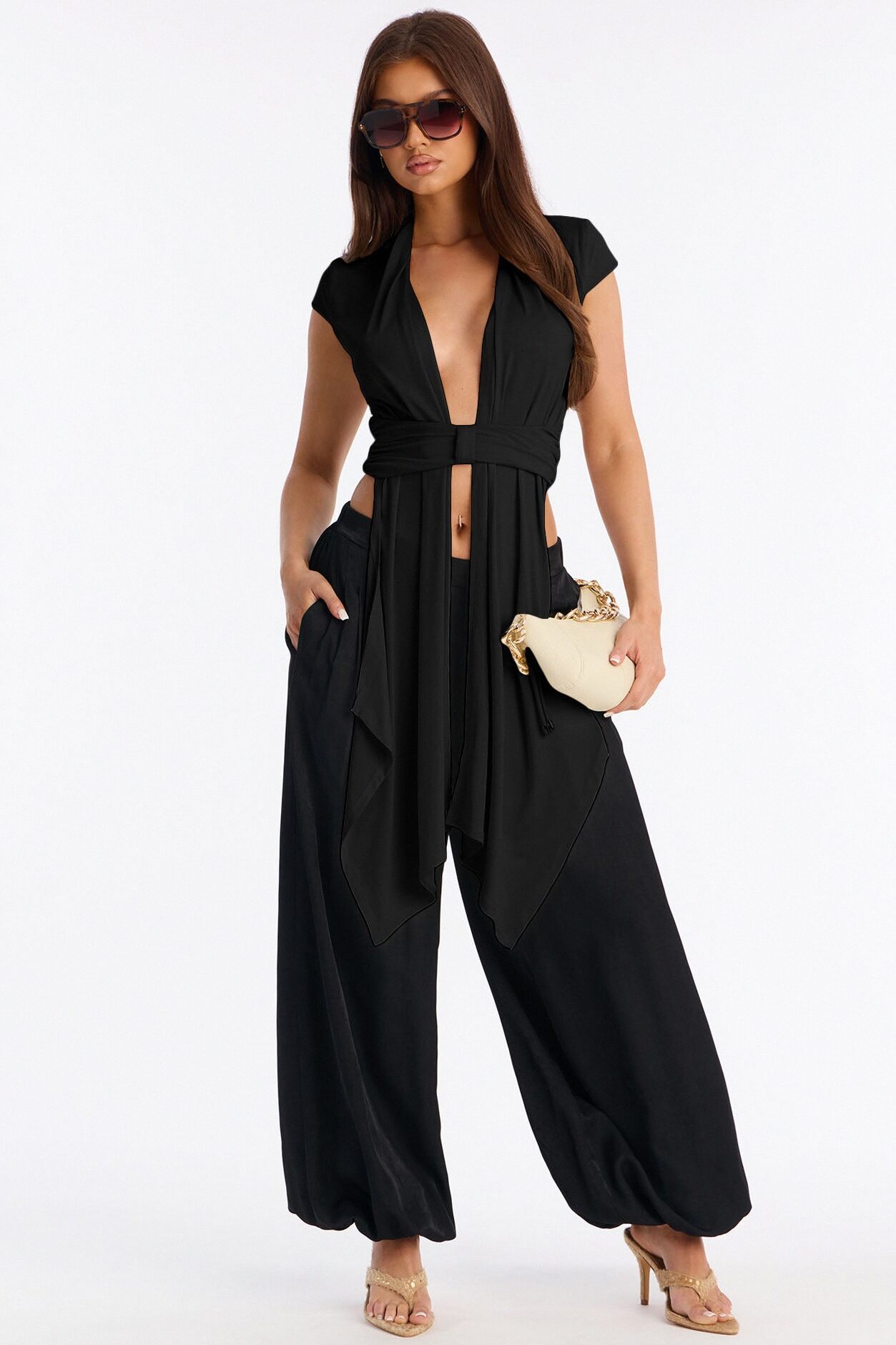 Vividly Sharp Drape Short Sleeve Top - Black