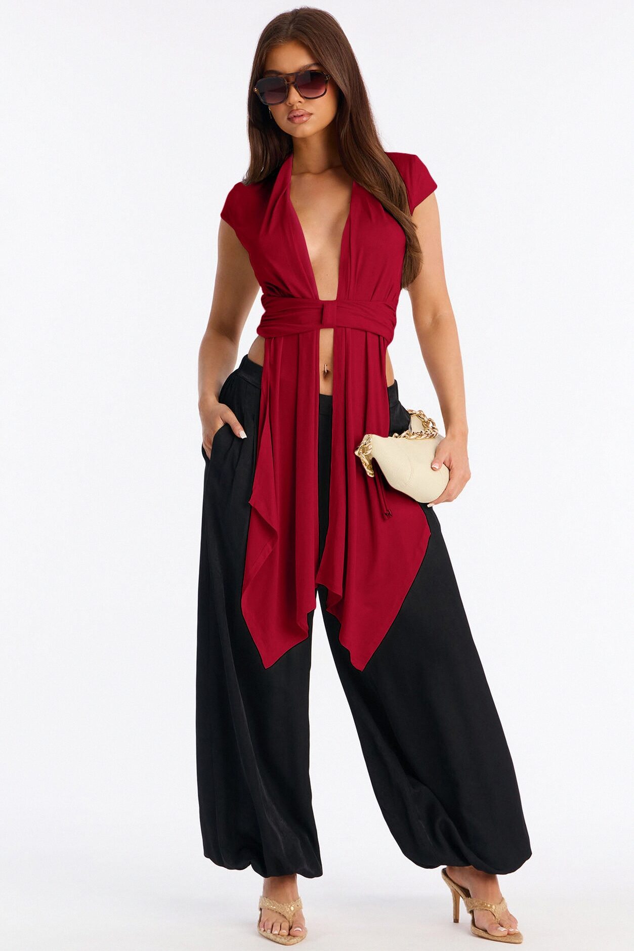 Vividly Sharp Drape Short Sleeve Top - Red